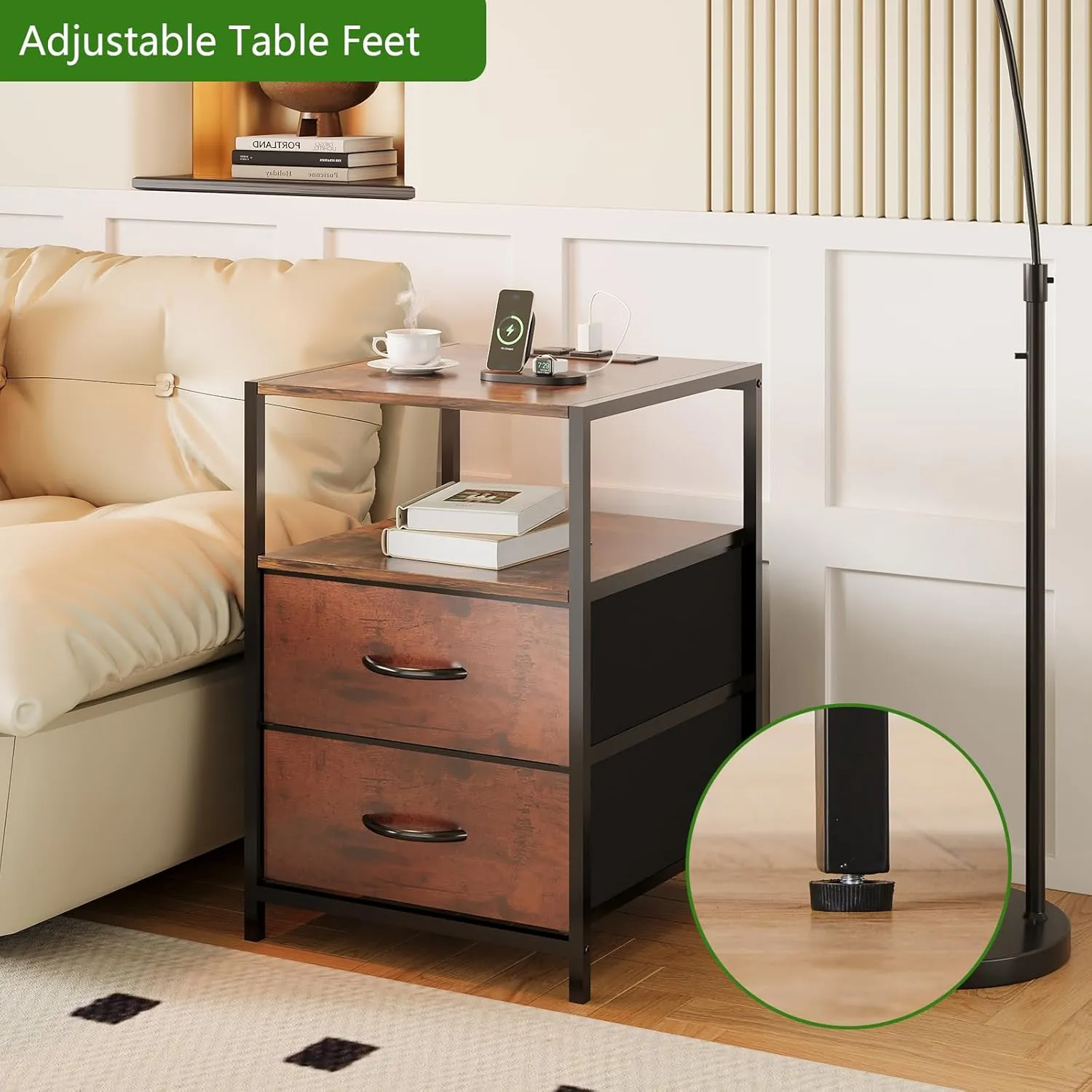 Nightstand with Charging Station Side End Table with USB Ports and Outlets Bedroom with Fabric Drawers with Open Shelf Modern Black 2pcs