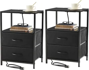Nightstand with Charging Station Side End Table with USB Ports and Outlets Bedroom with Fabric Drawers with Open Shelf Modern Black 2pcs