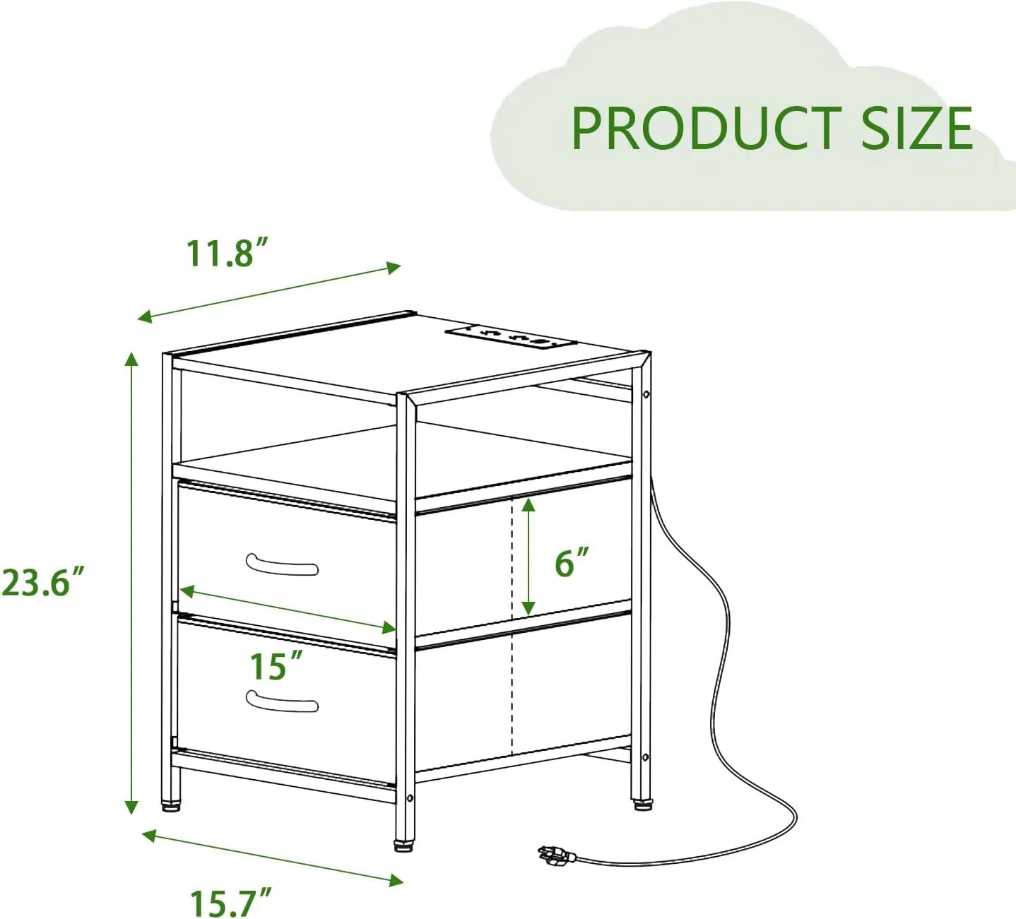 Nightstand with Charging Station Side End Table with USB Ports and Outlets Bedroom with Fabric Drawers with Open Shelf Modern White