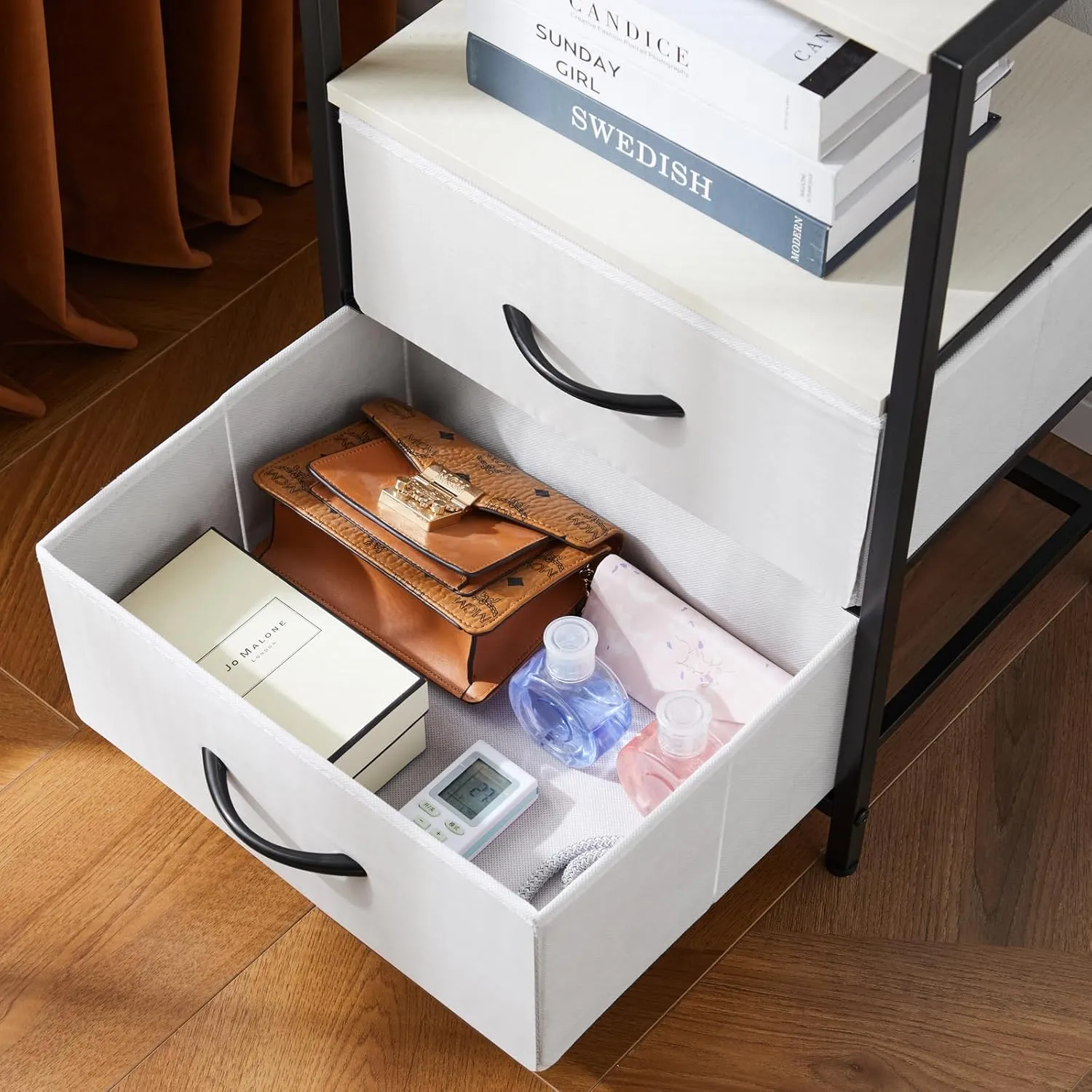 Nightstand with Charging Station Side End Table with USB Ports and Outlets Bedroom with Fabric Drawers with Open Shelf Modern White