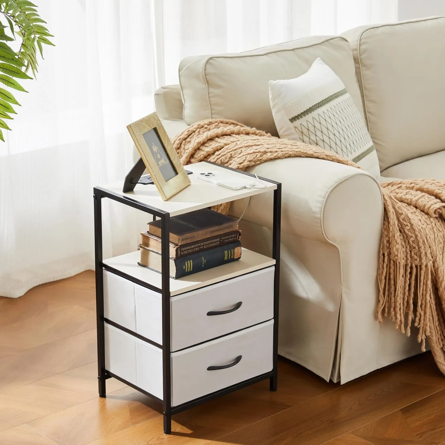 Nightstand with Charging Station Side End Table with USB Ports and Outlets Bedroom with Fabric Drawers with Open Shelf Modern White