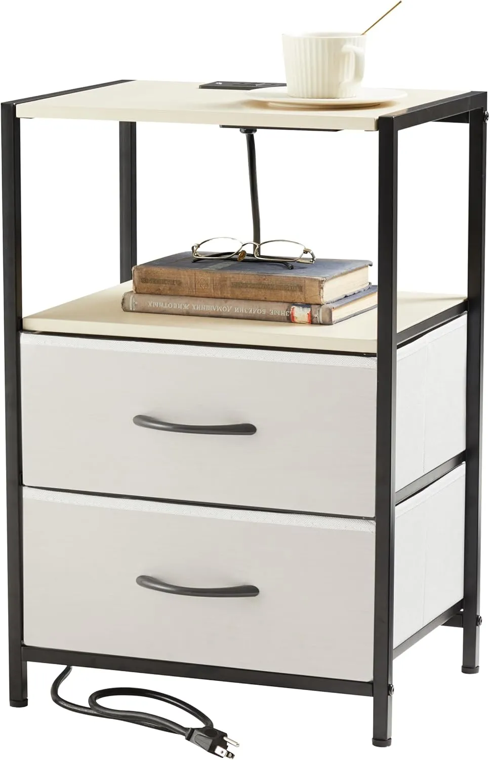 Nightstand with Charging Station Side End Table with USB Ports and Outlets Bedroom with Fabric Drawers with Open Shelf Modern White