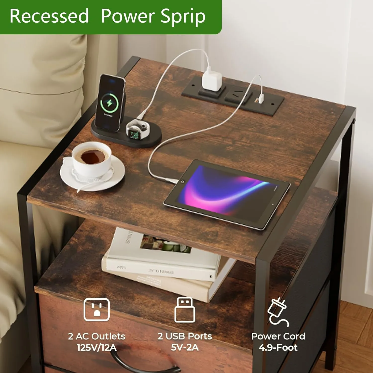 Nightstand with Charging Station Side End Table with USB Ports and Outlets Bedroom with Fabric Drawers with Open Shelf Modern White