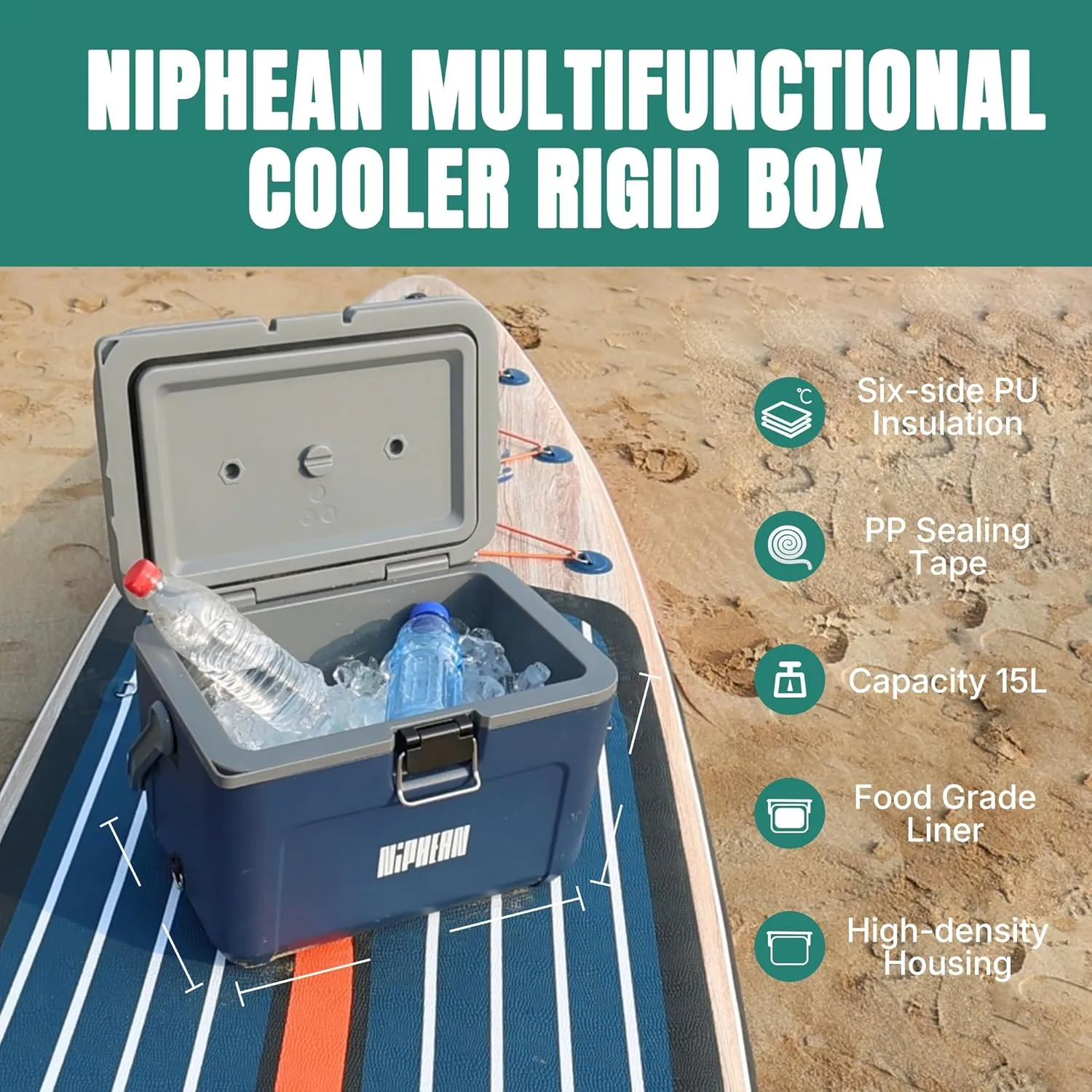 Niphean 4-Layer Insulated Paddle Board Cooler Box - 60 Hours Ice Retention, Convertible Seat on Paddle Board with D-Ring, 15-Liter Rigid Kayak Cooler for Camping, Beach, Kayaking