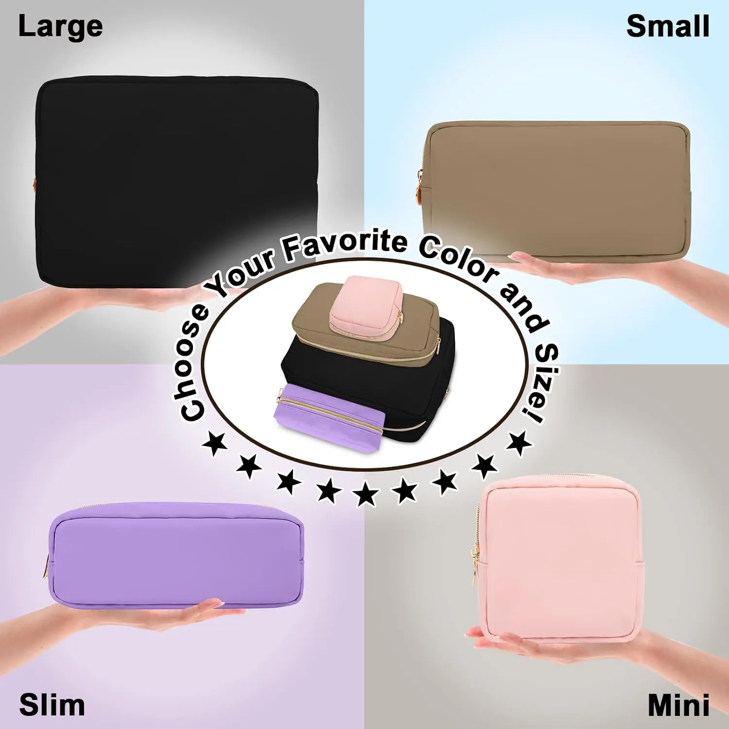 Nylon Large Makeup Bag Travel Pouch for Women, Preppy Big Black Makeup Bag Cute Cosmetic Zipper Pouch Purse, DIY Chenille Letter Bag Waterproof Toiletry Bag Clutch Make Up Organizer for Girls(Black)
