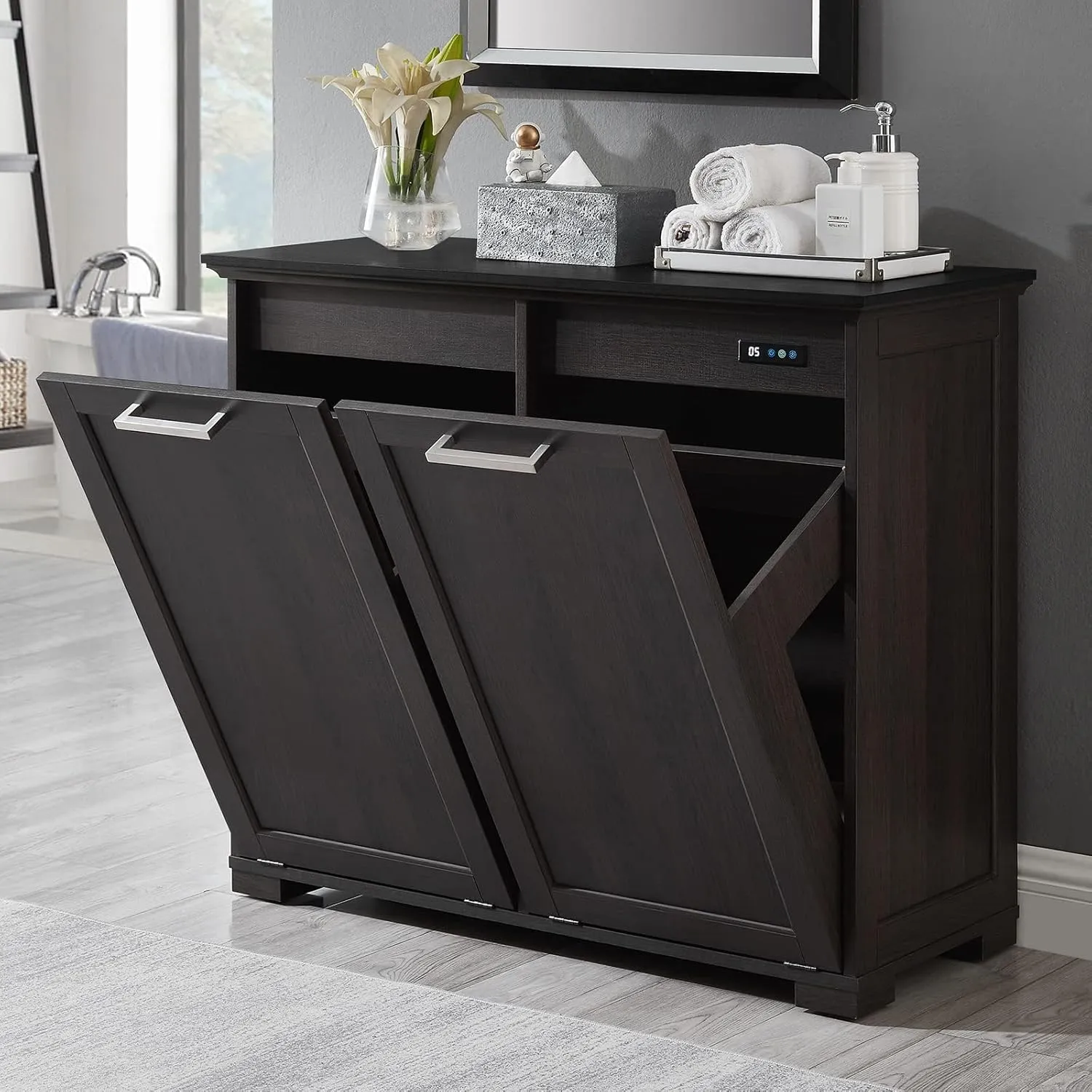 OLD CAPTAIN Double Tilt Out Trash Cabinet, Wooden Kitchen Garbage Can Free Standing Holder (Dark Brown Black Top Panel)…