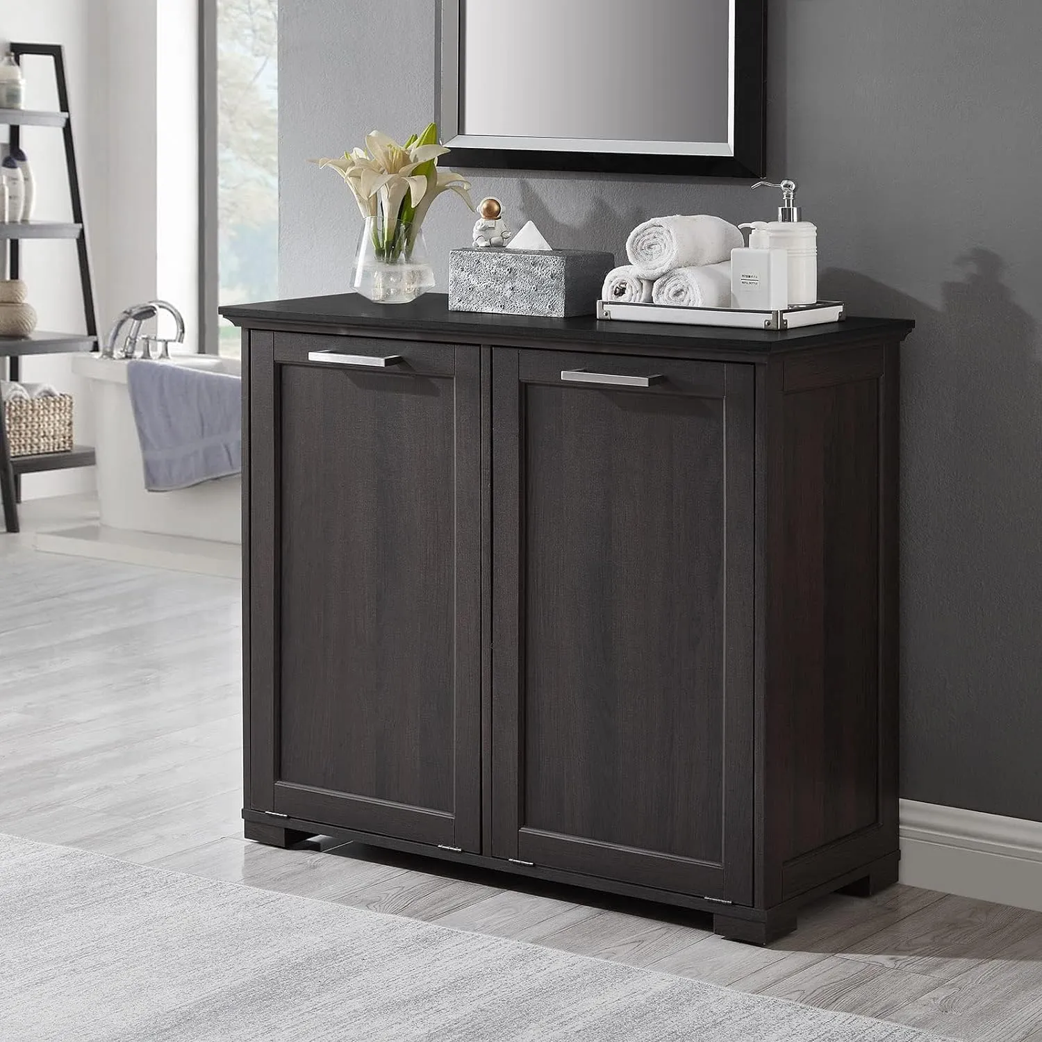 OLD CAPTAIN Double Tilt Out Trash Cabinet, Wooden Kitchen Garbage Can Free Standing Holder (Dark Brown Black Top Panel)…