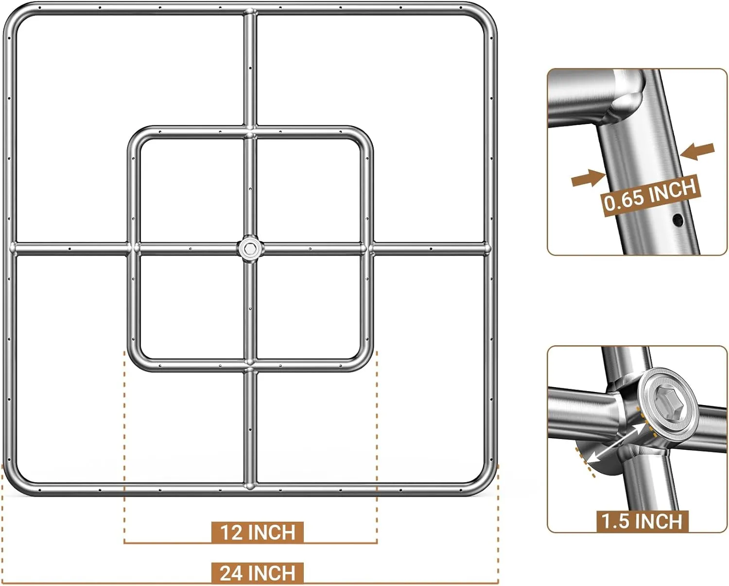 onlyfire 24 Inch Square Fire Pit Burner Ring for Natural Gas & Propane Fire Pit and Fireplace, 304 Stainless Steel DIY Firepit Burner for Both Indoor and Outdoor, BTU 296,000 Max