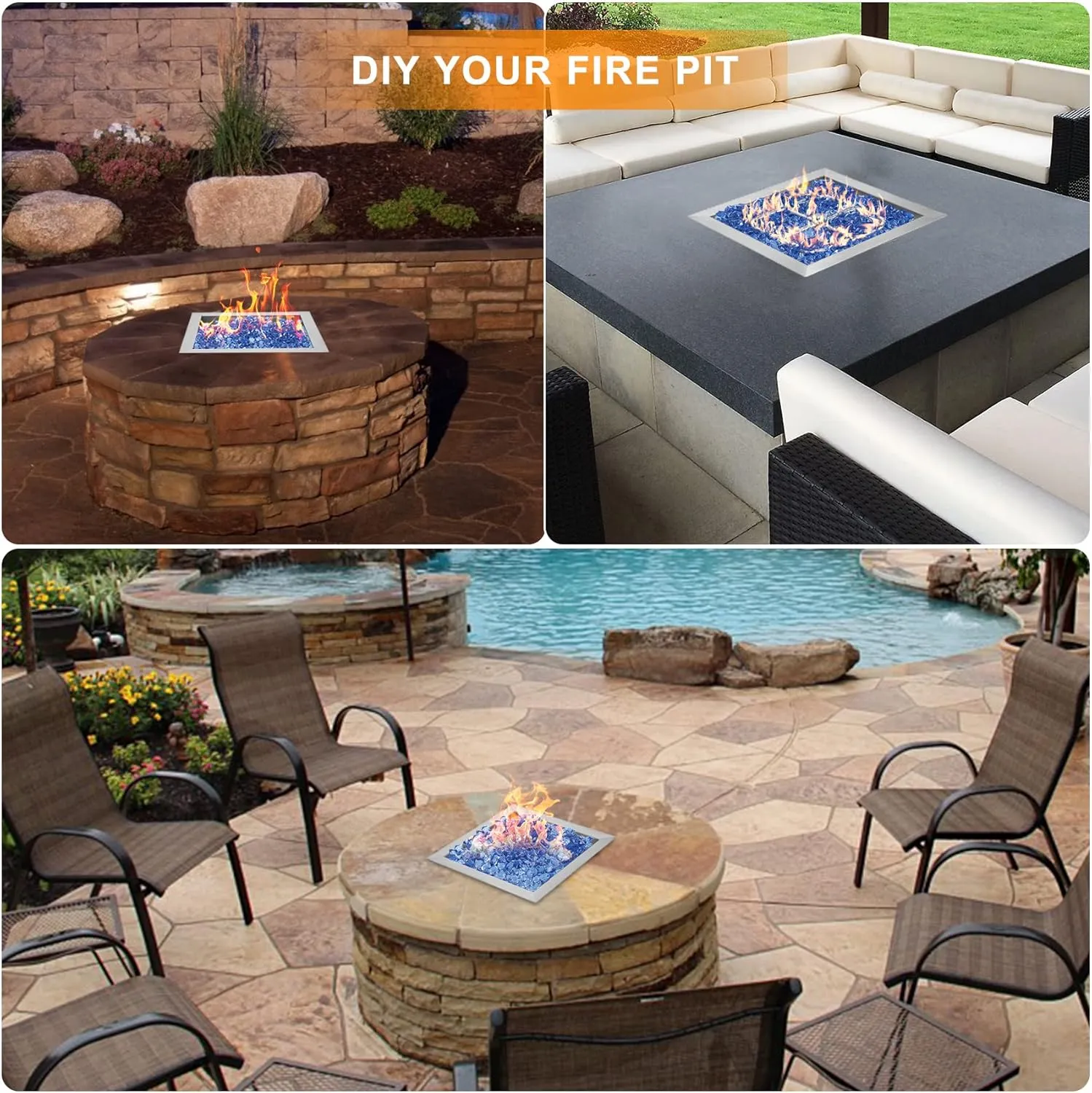 onlyfire Stainless Steel 12" Drop-in Square Fire Pit Pan, with 9" Square Fire Burner