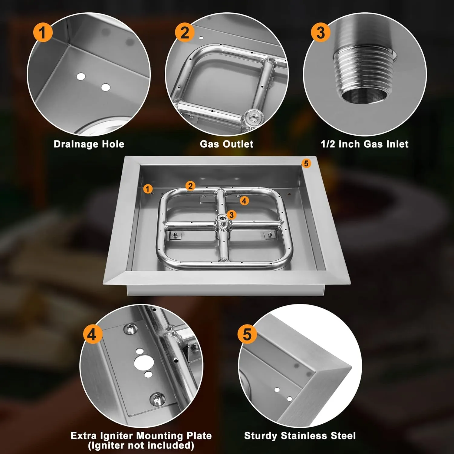 onlyfire Stainless Steel 12" Drop-in Square Fire Pit Pan, with 9" Square Fire Burner