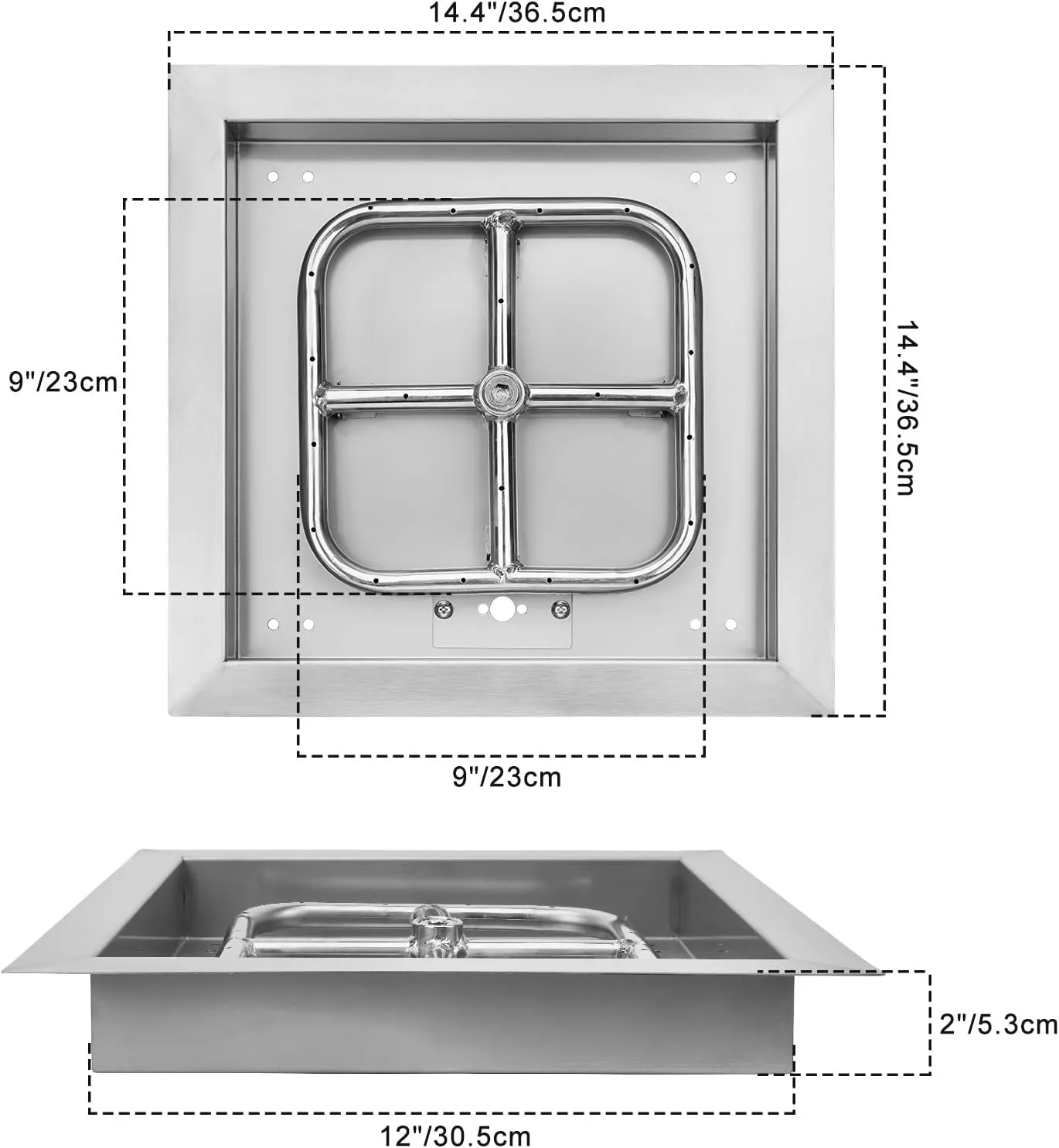 onlyfire Stainless Steel 12" Drop-in Square Fire Pit Pan, with 9" Square Fire Burner