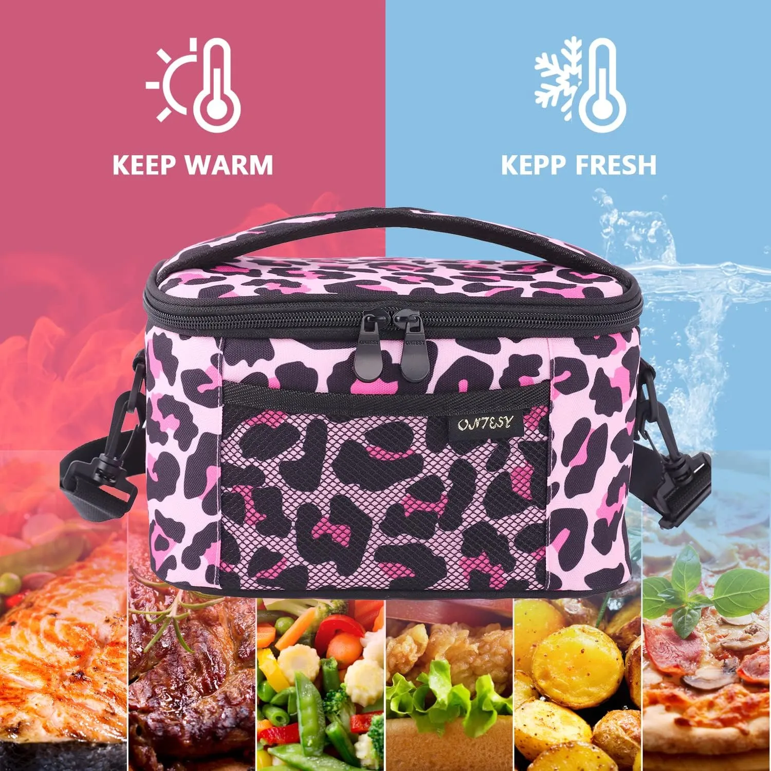 ONTESY Leopard Lunch Bag for Women & Girls, 7.2L Thermal Insulated Small Cooler Box for Adults Kids Teens with Adjustable Shoulder Strap for Work School Picnic (Pink)