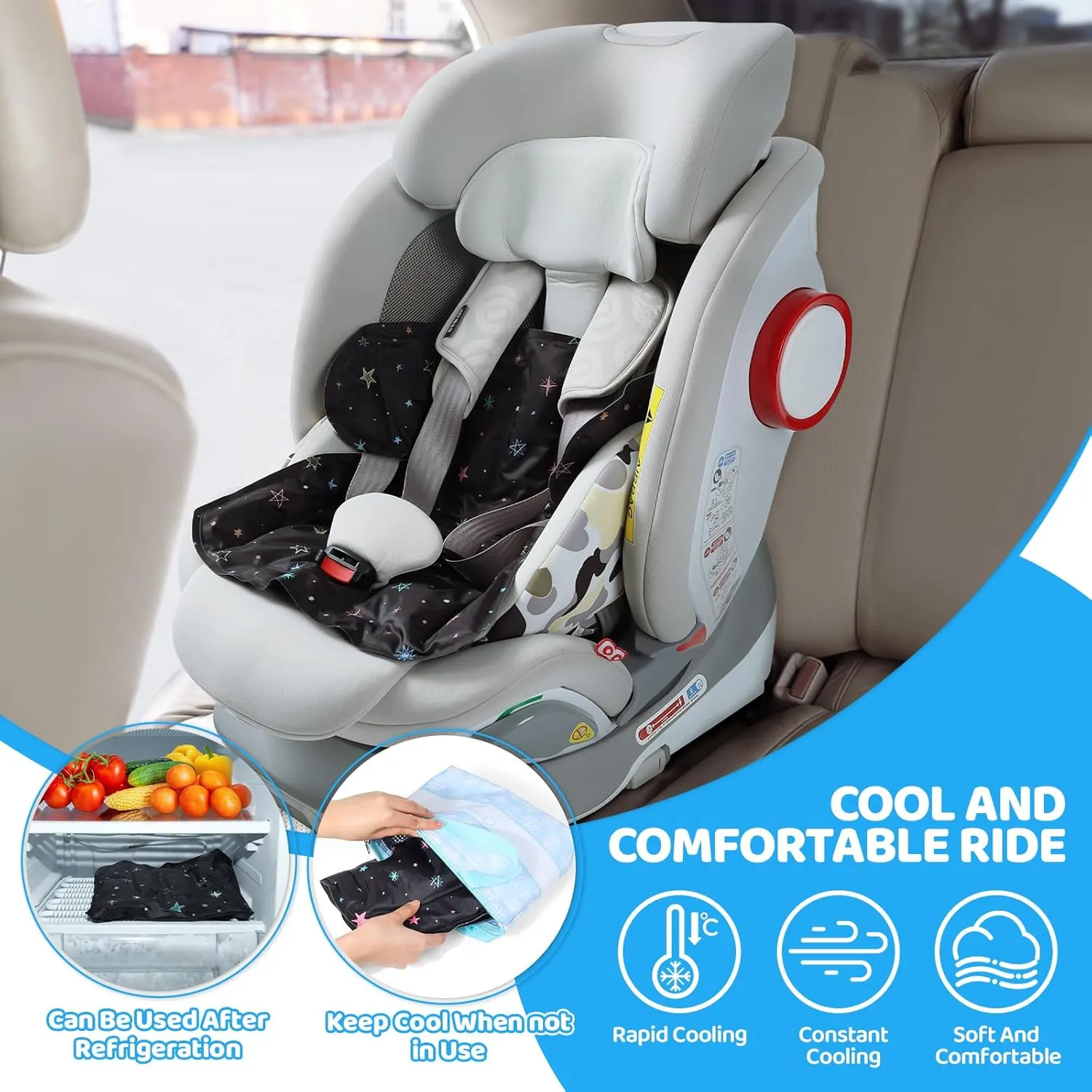 Orzbow Gel Car Seat Cooler Pad for Babies, Car Seat Cooling Pad with Waterproof Liner for Potty Training, Toddler Stroller Cooling Mat, Includes Thermal Travel Bag, Keep Baby Cool in Summer, Black