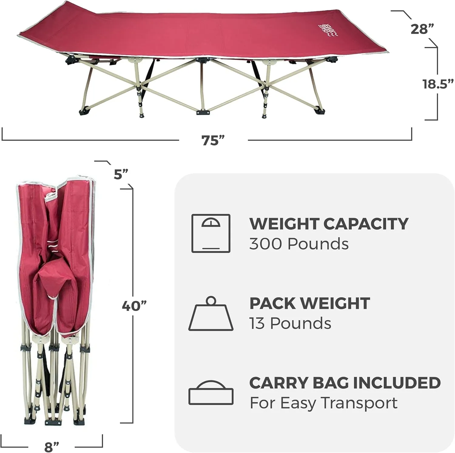 OSAGE RIVER Camping Cot for Adults - Folding Camping Cot - Portable Cots for Sleeping - Rated for 300 lbs
