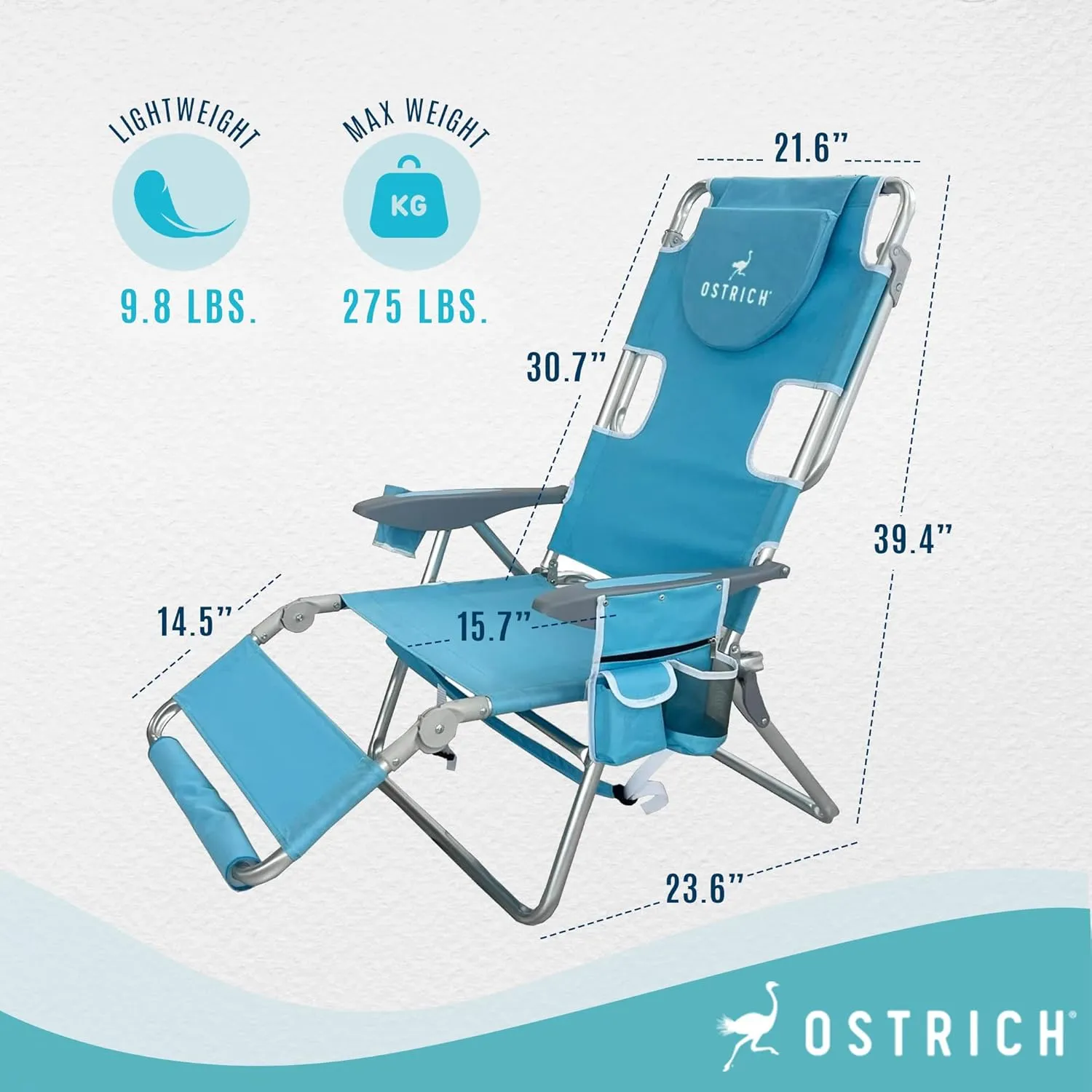Ostrich Backpack 3N1 Chair - with Cooler Bag, Portable, Reclining Lounger for Tanning - Face Hole for Reading on Stomach, Aluminum (Light Blue)