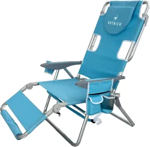 Ostrich Backpack 3N1 Chair - with Cooler Bag, Portable, Reclining Lounger for Tanning - Face Hole for Reading on Stomach, Aluminum (Light Blue)