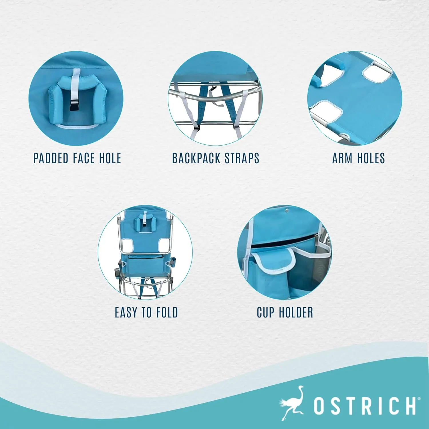 Ostrich Backpack 3N1 Chair - with Cooler Bag, Portable, Reclining Lounger for Tanning - Face Hole for Reading on Stomach, Aluminum (Light Blue)