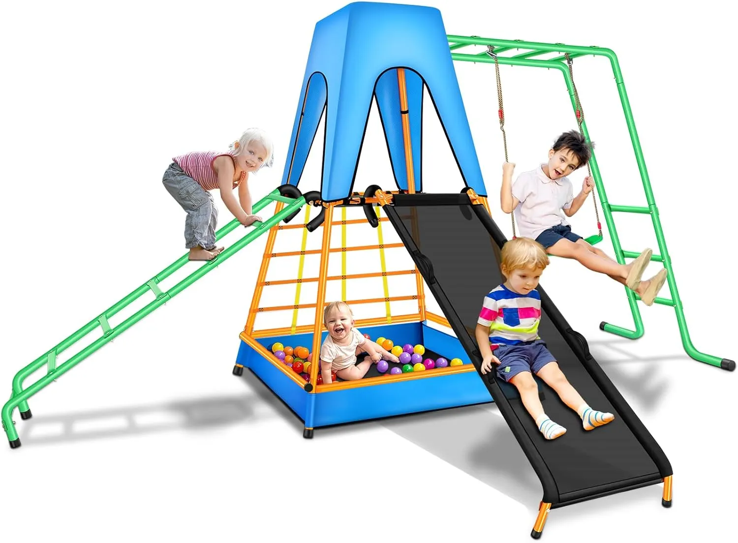 Outdoor Climbing Toys for Kids Swing Sets for Backyard, All-in-One Kids Outdoor Play Equipment with Swings, Slide, Climbing Ladder, Ball Pit and Roof, Outdoor Playset