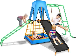 Outdoor Climbing Toys for Kids Swing Sets for Backyard, All-in-One Kids Outdoor Play Equipment with Swings, Slide, Climbing Ladder, Ball Pit and Roof, Outdoor Playset