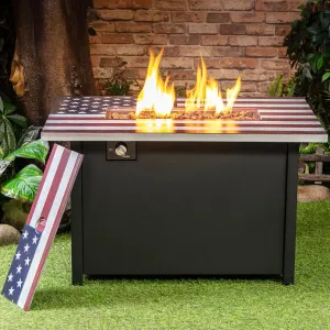 Outdoor Commemorative Firetable with American Flag - 40 Inch 50,000 BTU Propane Fire Pit Table for Party or Gatherings - Rectangular Firepit Table for Patio Deck Garden Backyard