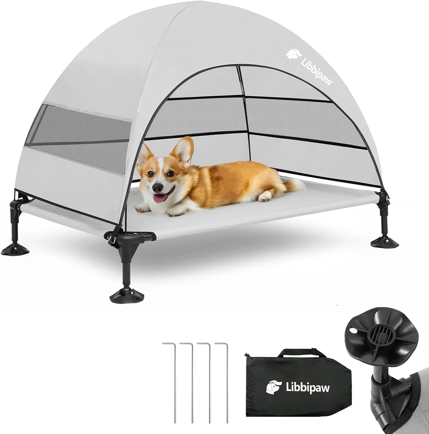 Outdoor Dog Bed with Canopy and 4 Windproof Stakes, Elevated Raised Pet Cot with Removable Shade Tent, Waterproof Design for Large Dogs Camping, Beach, Park, Backyard