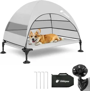 Outdoor Dog Bed with Canopy and 4 Windproof Stakes, Elevated Raised Pet Cot with Removable Shade Tent, Waterproof Design for Large Dogs Camping, Beach, Park, Backyard