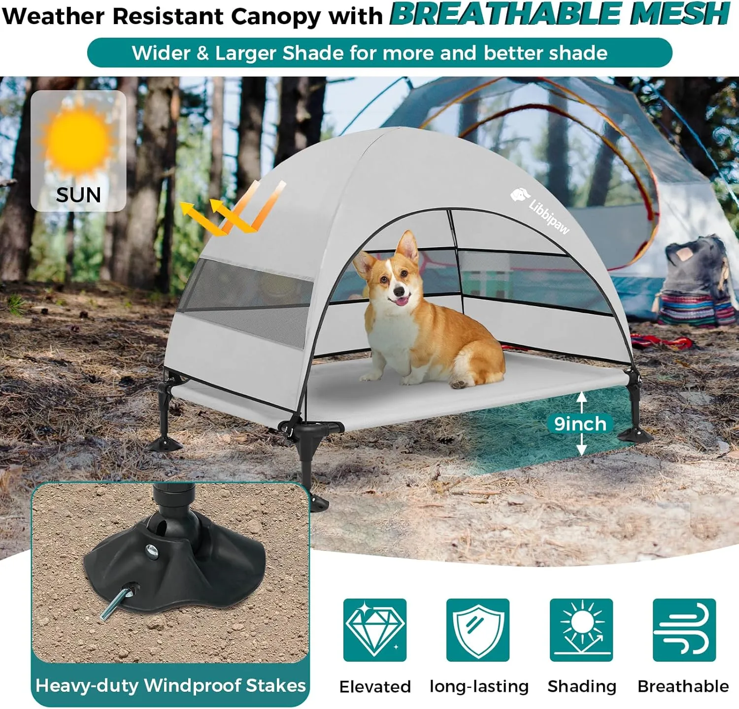 Outdoor Dog Bed with Canopy and 4 Windproof Stakes, Elevated Raised Pet Cot with Removable Shade Tent, Waterproof Design for Large Dogs Camping, Beach, Park, Backyard