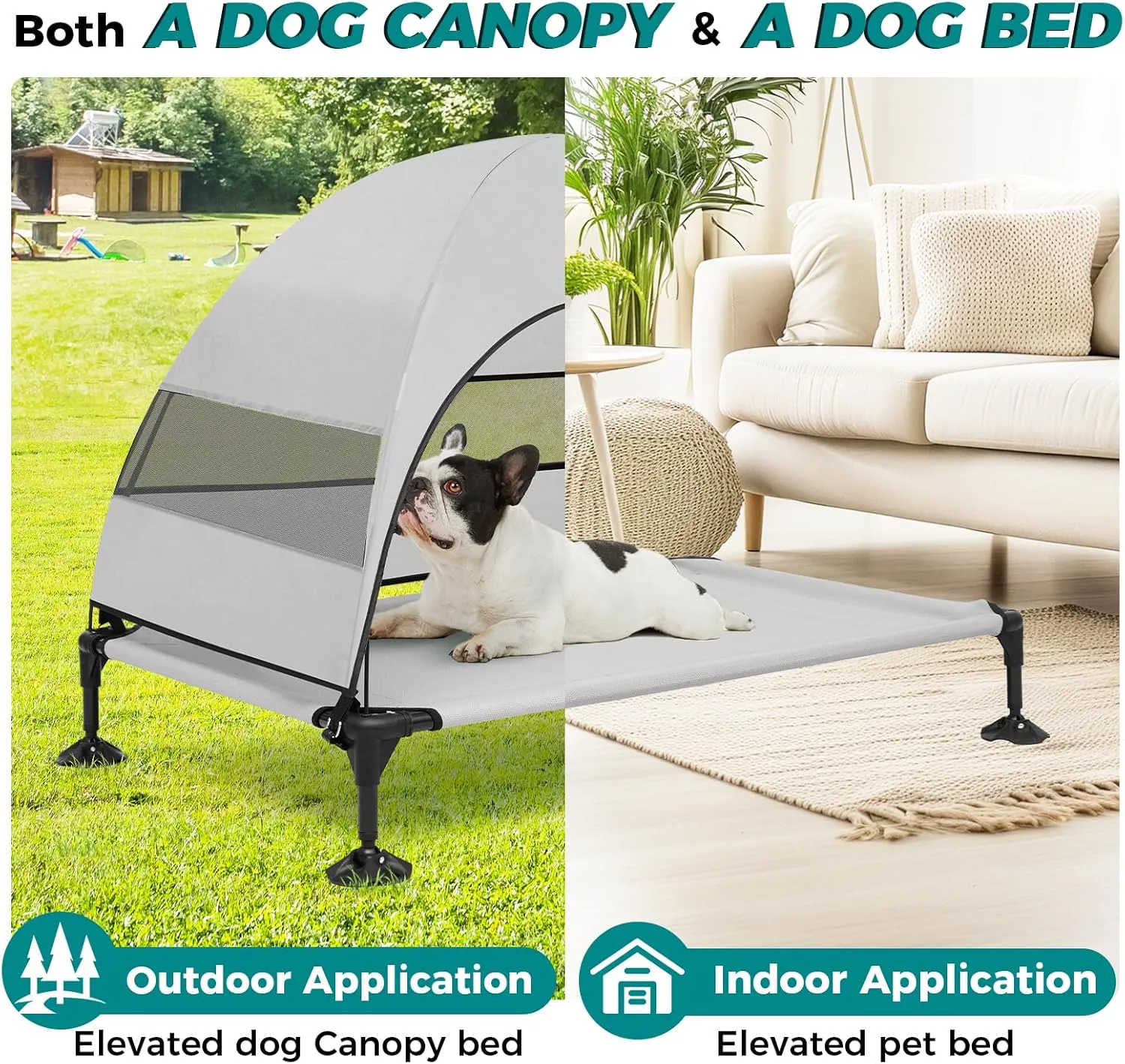 Outdoor Dog Bed with Canopy and 4 Windproof Stakes, Elevated Raised Pet Cot with Removable Shade Tent, Waterproof Design for Large Dogs Camping, Beach, Park, Backyard