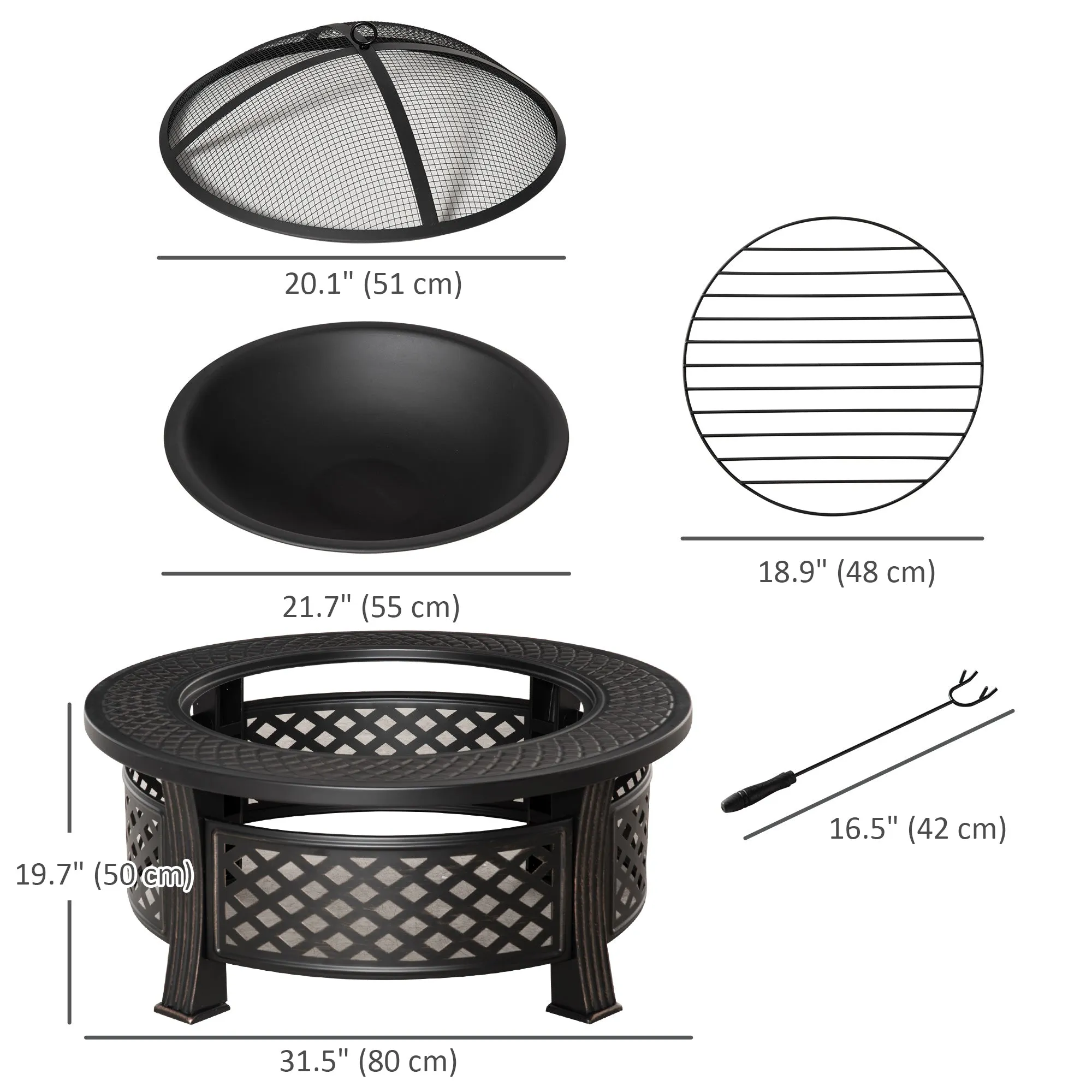 Outdoor Fire Pit, Round Firepit with Grill Net, Mesh Lid & Poker for Backyard, Bronze
