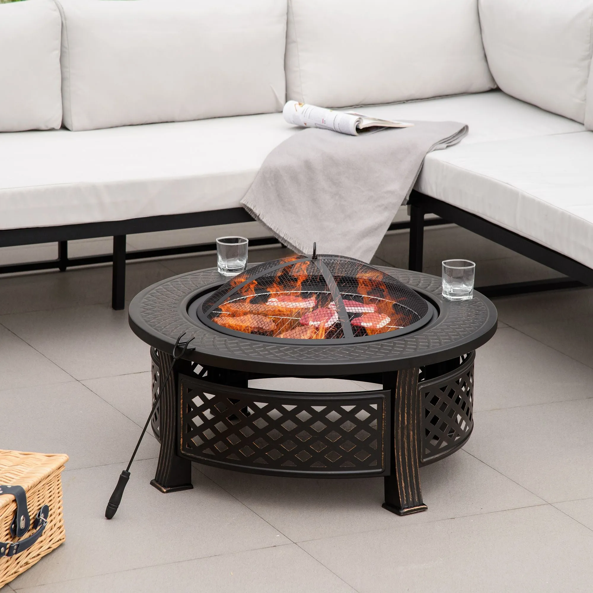 Outdoor Fire Pit, Round Firepit with Grill Net, Mesh Lid & Poker for Backyard, Bronze