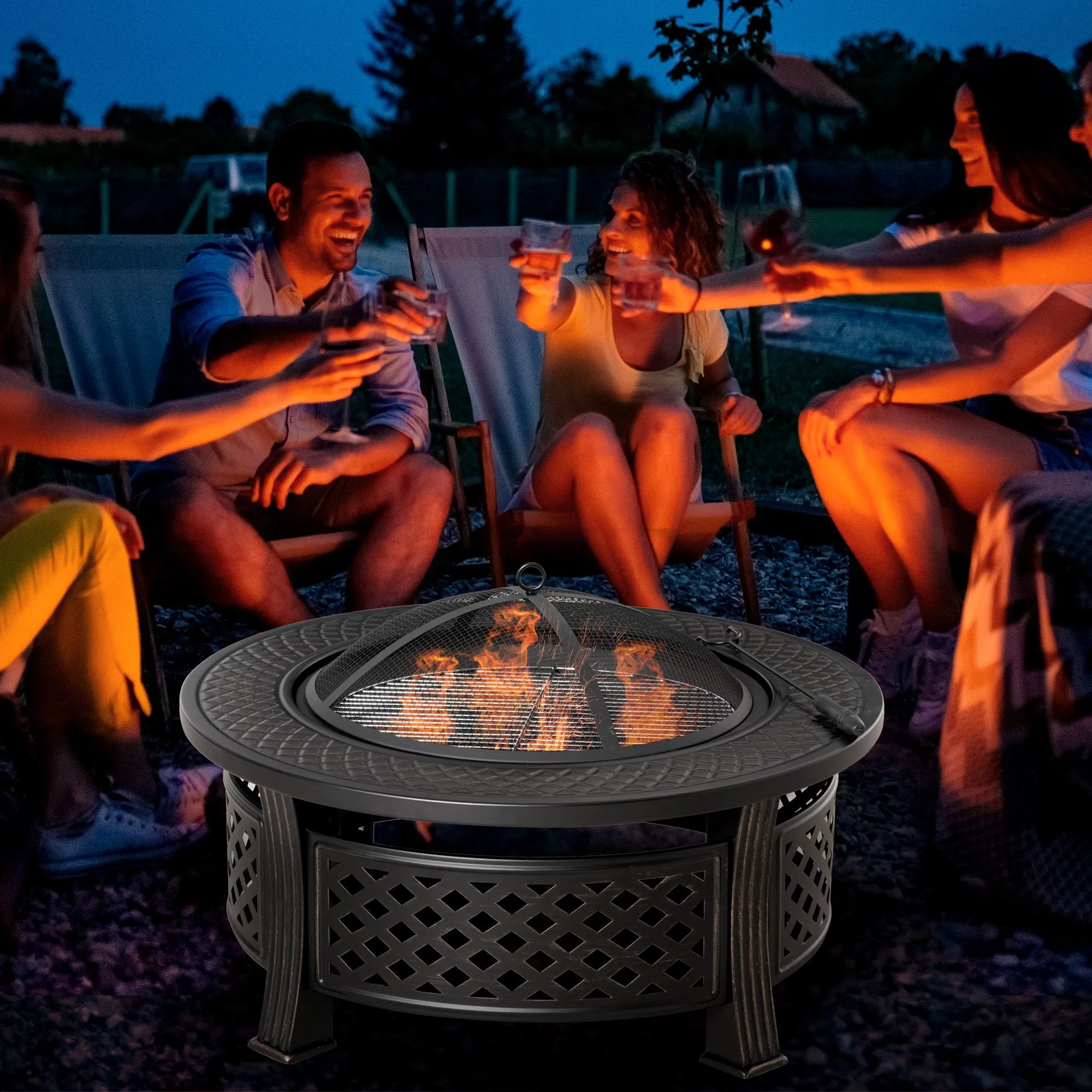 Outdoor Fire Pit, Round Firepit with Grill Net, Mesh Lid & Poker for Backyard, Bronze