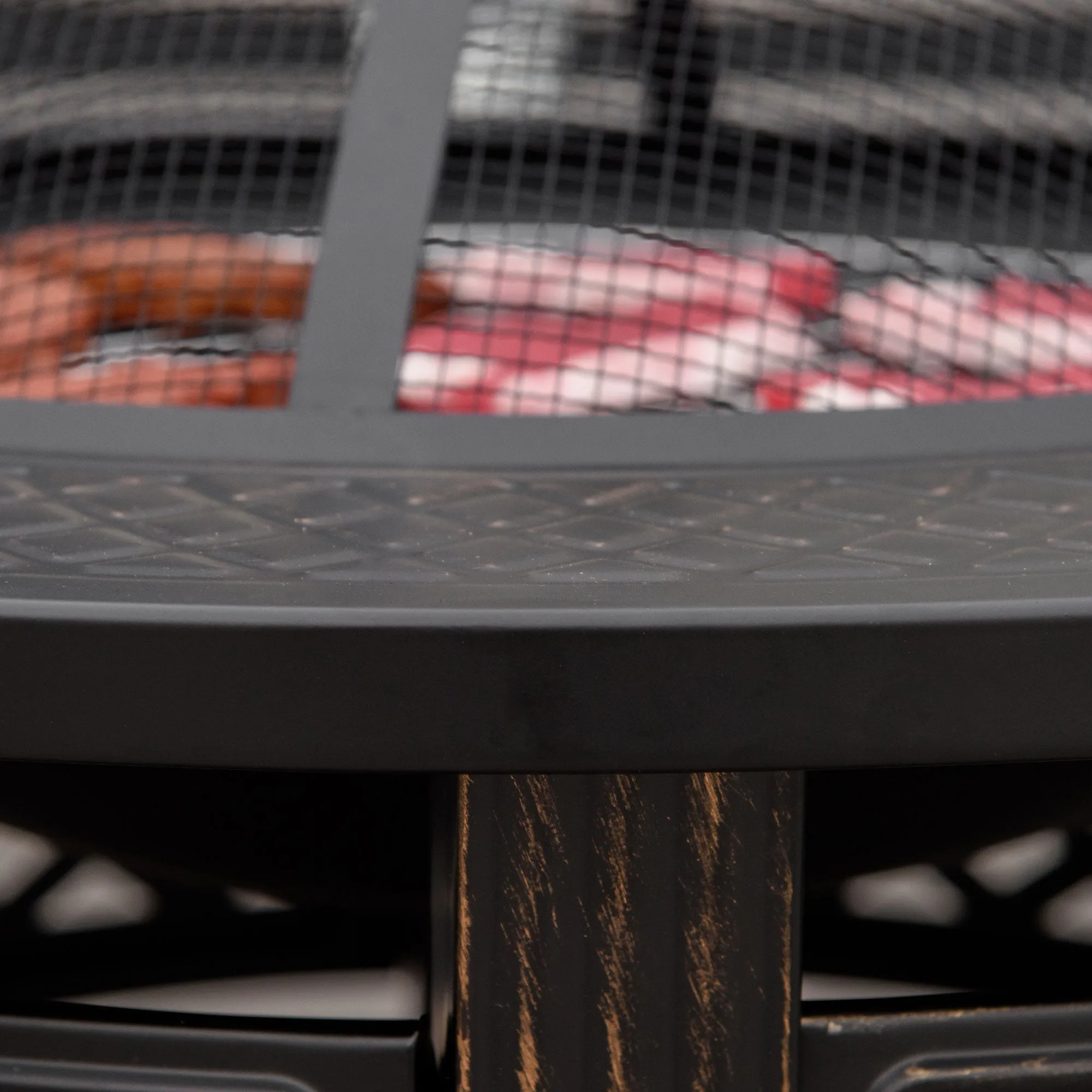 Outdoor Fire Pit, Round Firepit with Grill Net, Mesh Lid & Poker for Backyard, Bronze