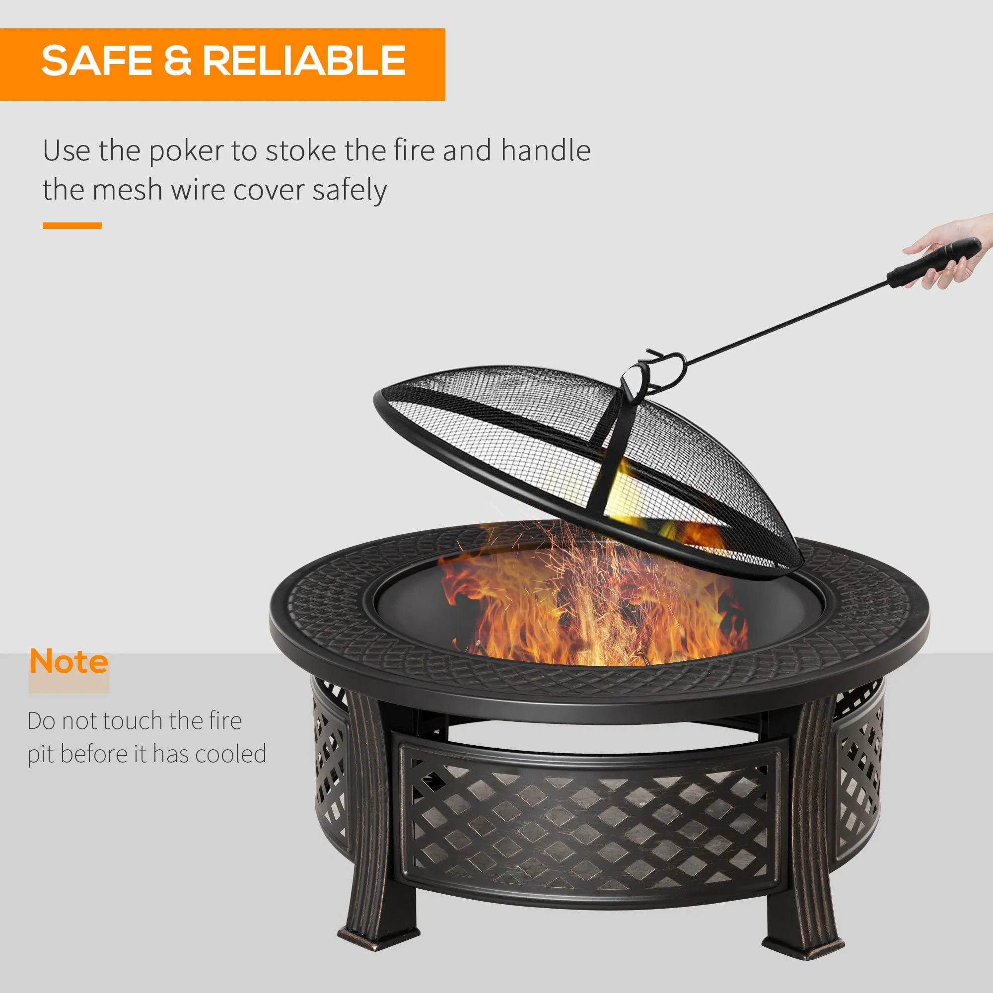 Outdoor Fire Pit, Round Firepit with Grill Net, Mesh Lid & Poker for Backyard, Bronze