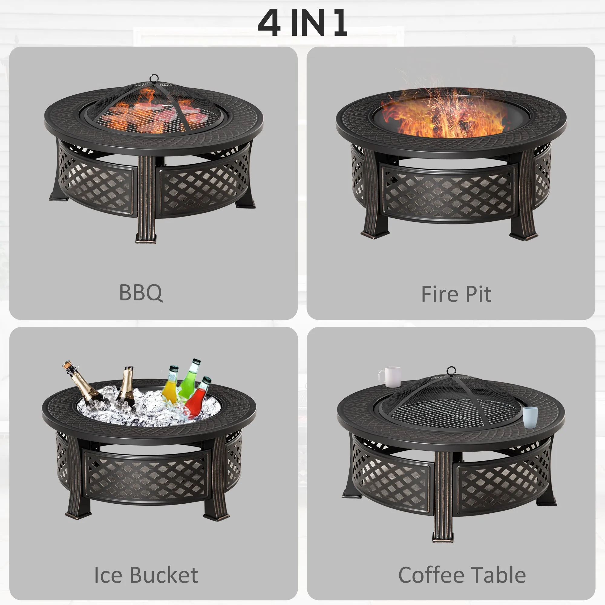 Outdoor Fire Pit, Round Firepit with Grill Net, Mesh Lid & Poker for Backyard, Bronze