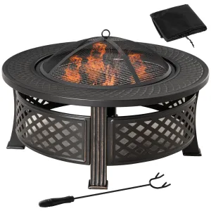 Outdoor Fire Pit, Round Firepit with Grill Net, Mesh Lid & Poker for Backyard, Bronze