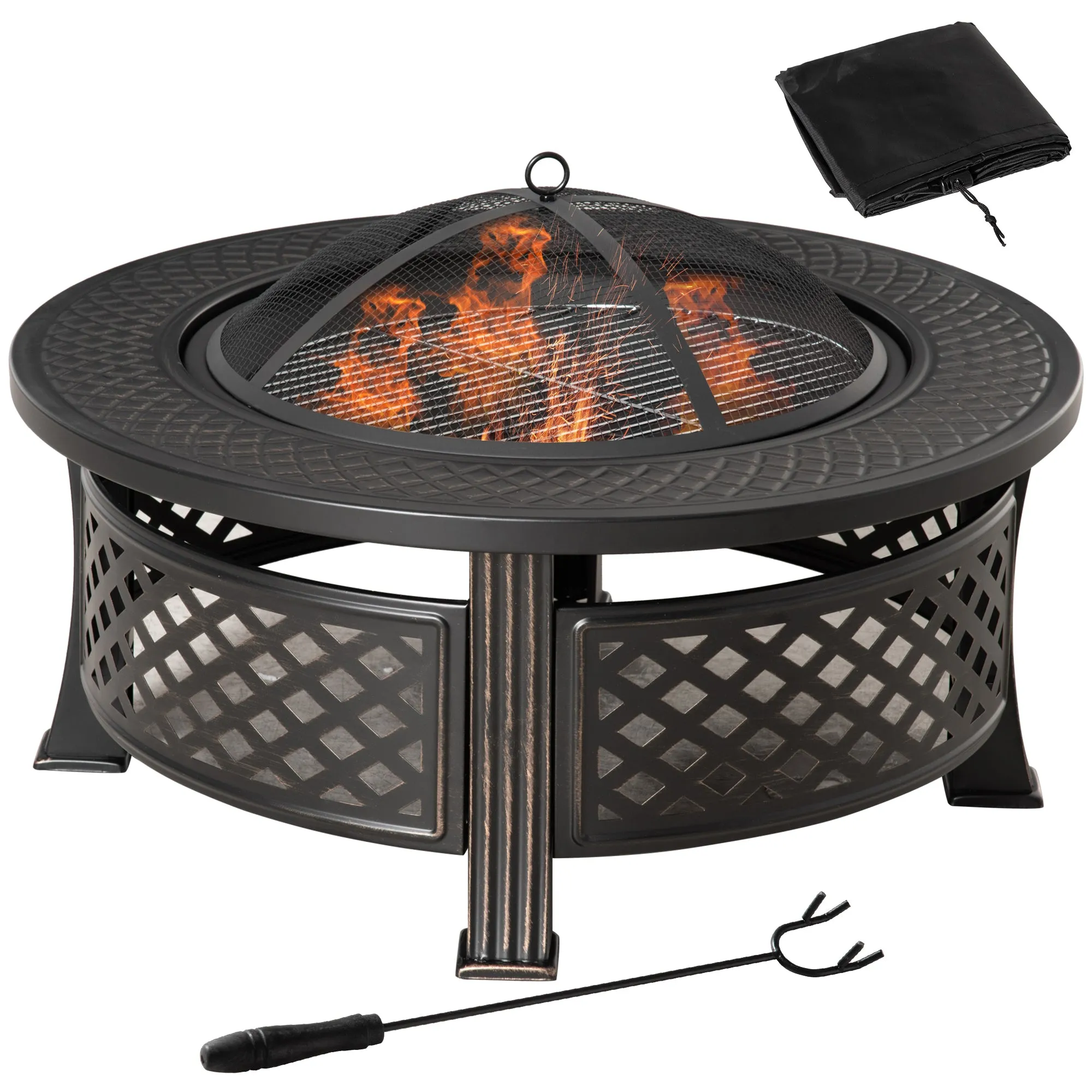 Outdoor Fire Pit, Round Firepit with Grill Net, Mesh Lid & Poker for Backyard, Bronze