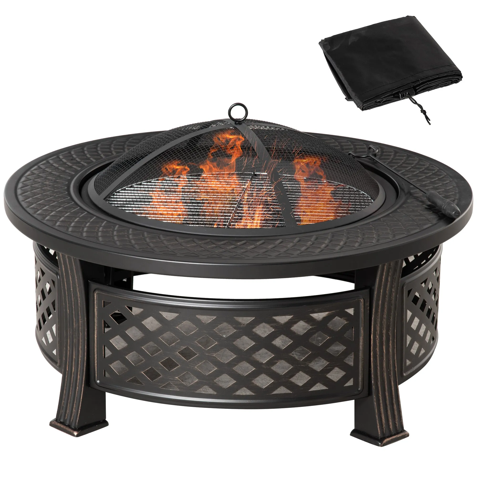 Outdoor Fire Pit, Round Firepit with Grill Net, Mesh Lid & Poker for Backyard, Bronze