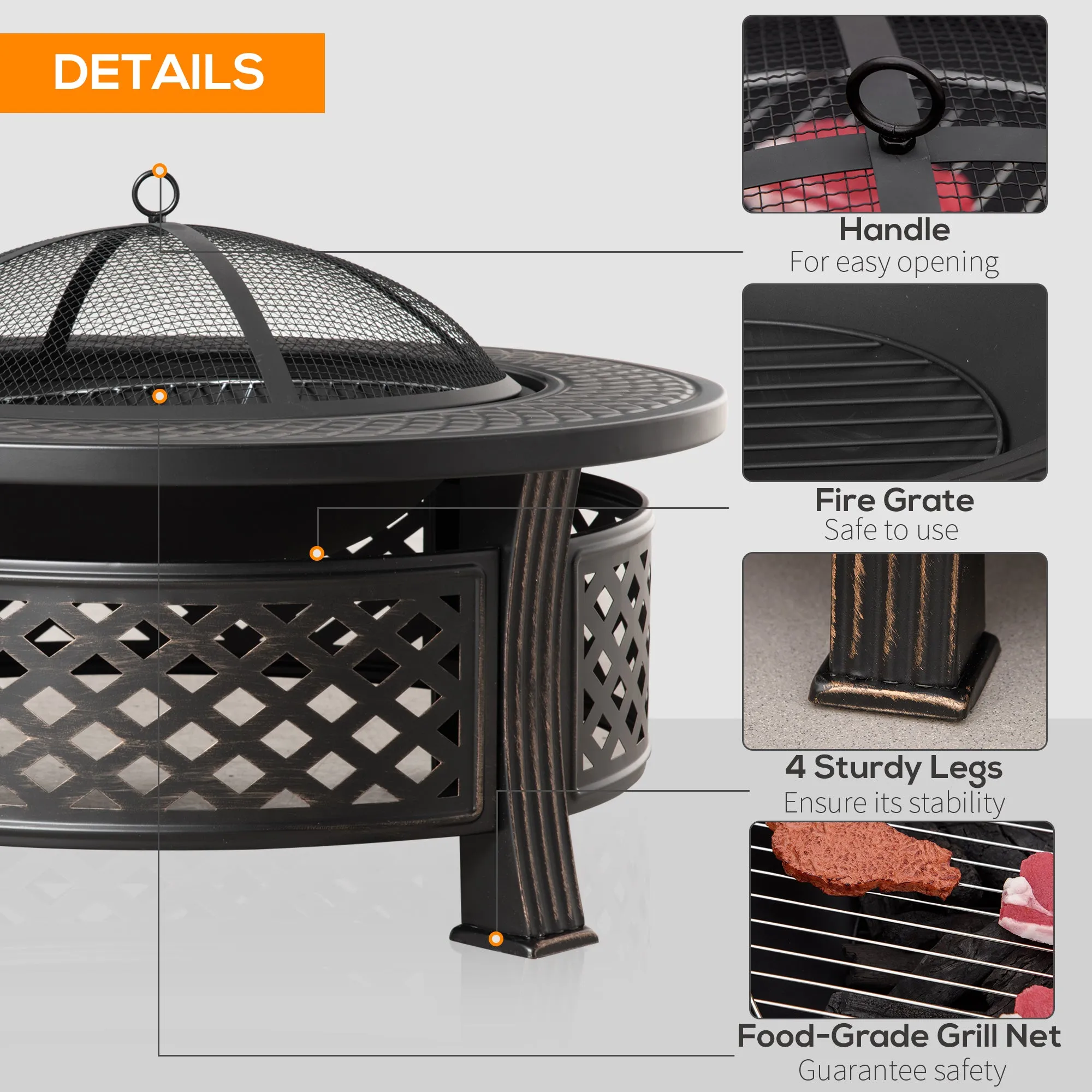Outdoor Fire Pit, Round Firepit with Grill Net, Mesh Lid & Poker for Backyard, Bronze