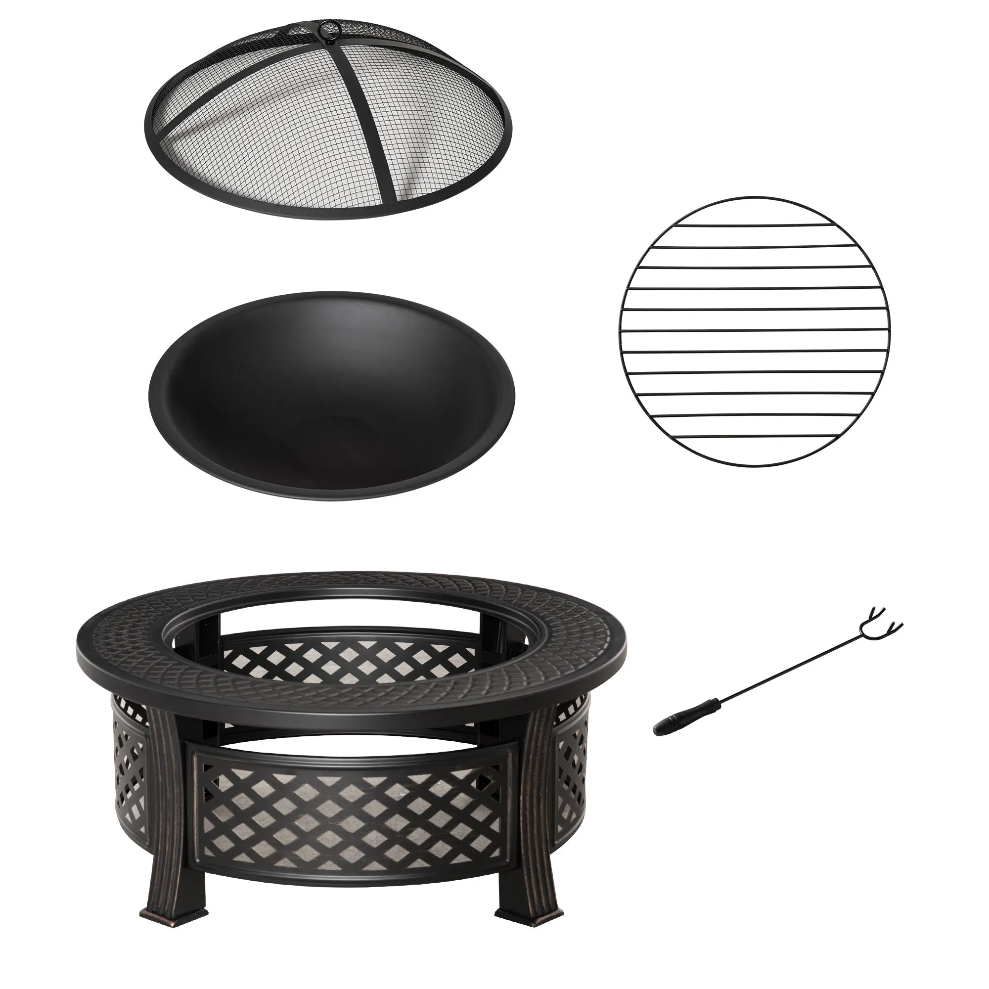 Outdoor Fire Pit, Round Firepit with Grill Net, Mesh Lid & Poker for Backyard, Bronze