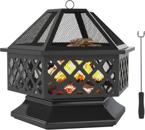 Outsunny 28" Outdoor Fire Pit Grill, Portable Wood Burning Firepit for Outside with Cooking Grate, Fire Poker, Spark Screen Lid, Steel Hexagon Fireplace for Patio Bonfire Backyard BBQ Camping Picnic