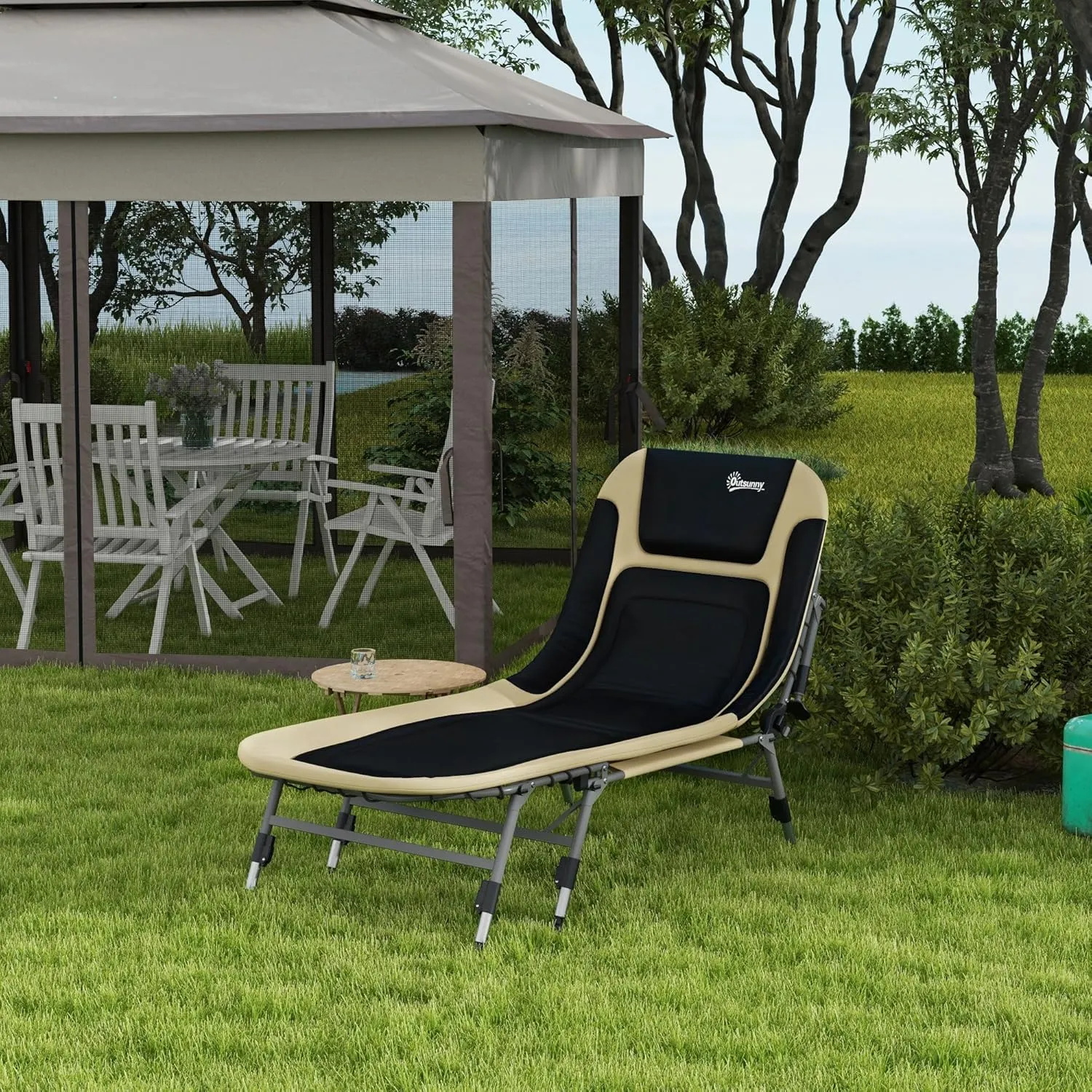 Outsunny Camping Cot for Adults, Folding Bed with Soft Padded Cushions & Headrest, 180° Adjustable Reclining Lounger, Heavy Duty and Portable with a 400 lbs. Capacity, Cream White