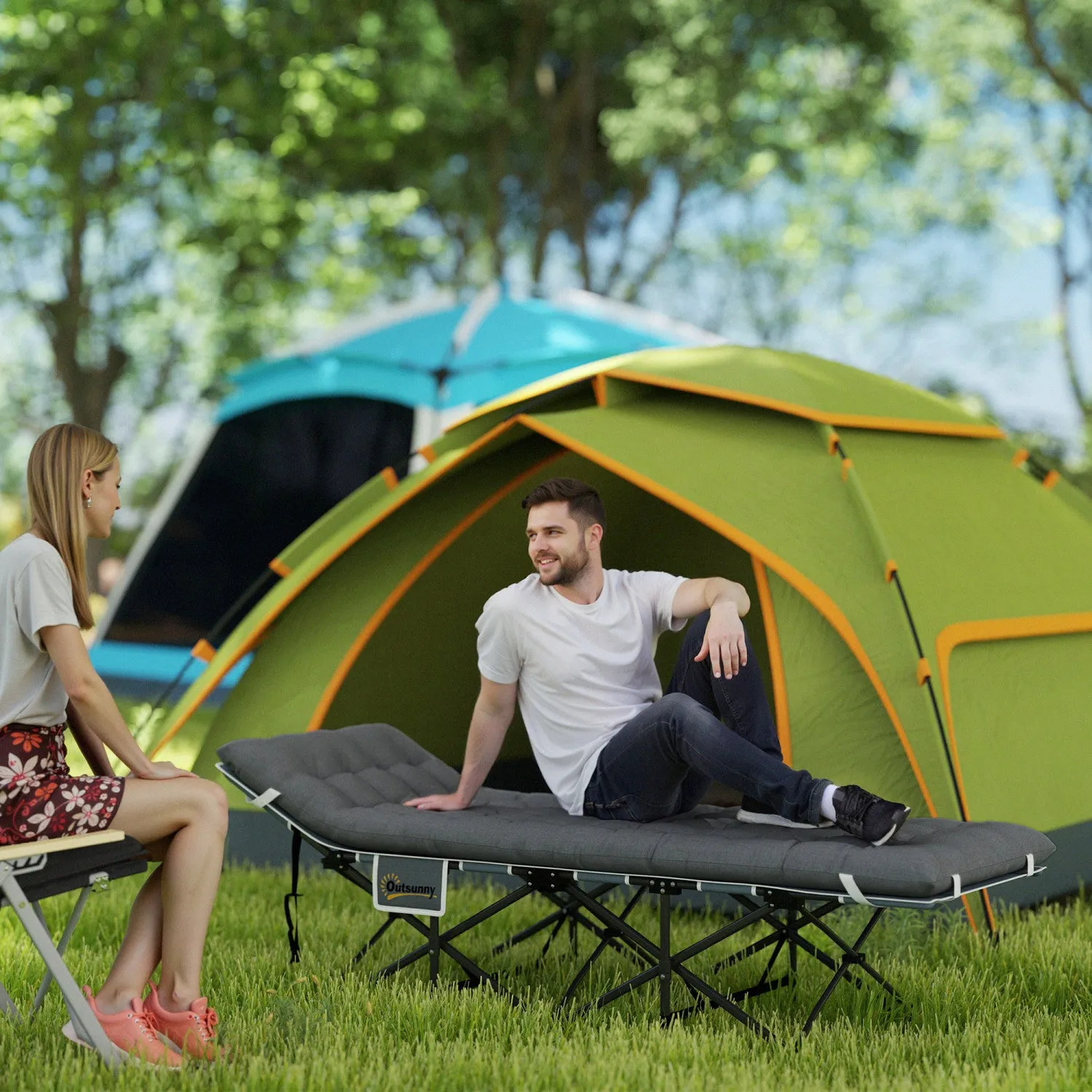 Outsunny Camping Cot For Adults With Mattress, Folding Bed, Dark Grey