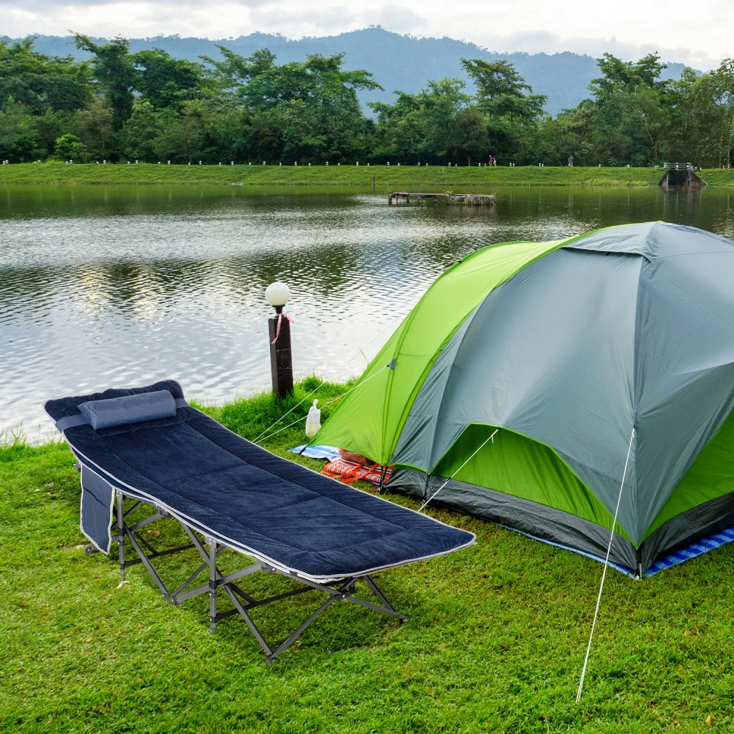 Outsunny Folding Camping Cot For Adults With Mattress Pillow Dark Blue