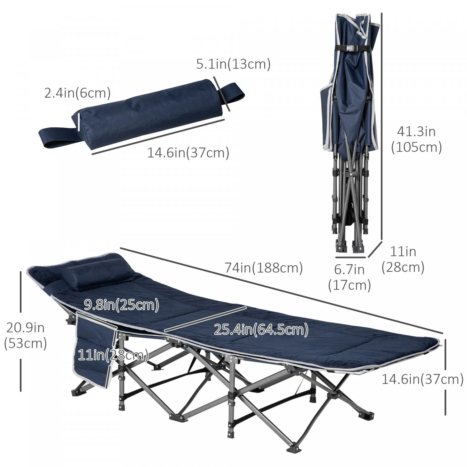Outsunny Folding Camping Cot For Adults With Mattress Pillow Dark Blue