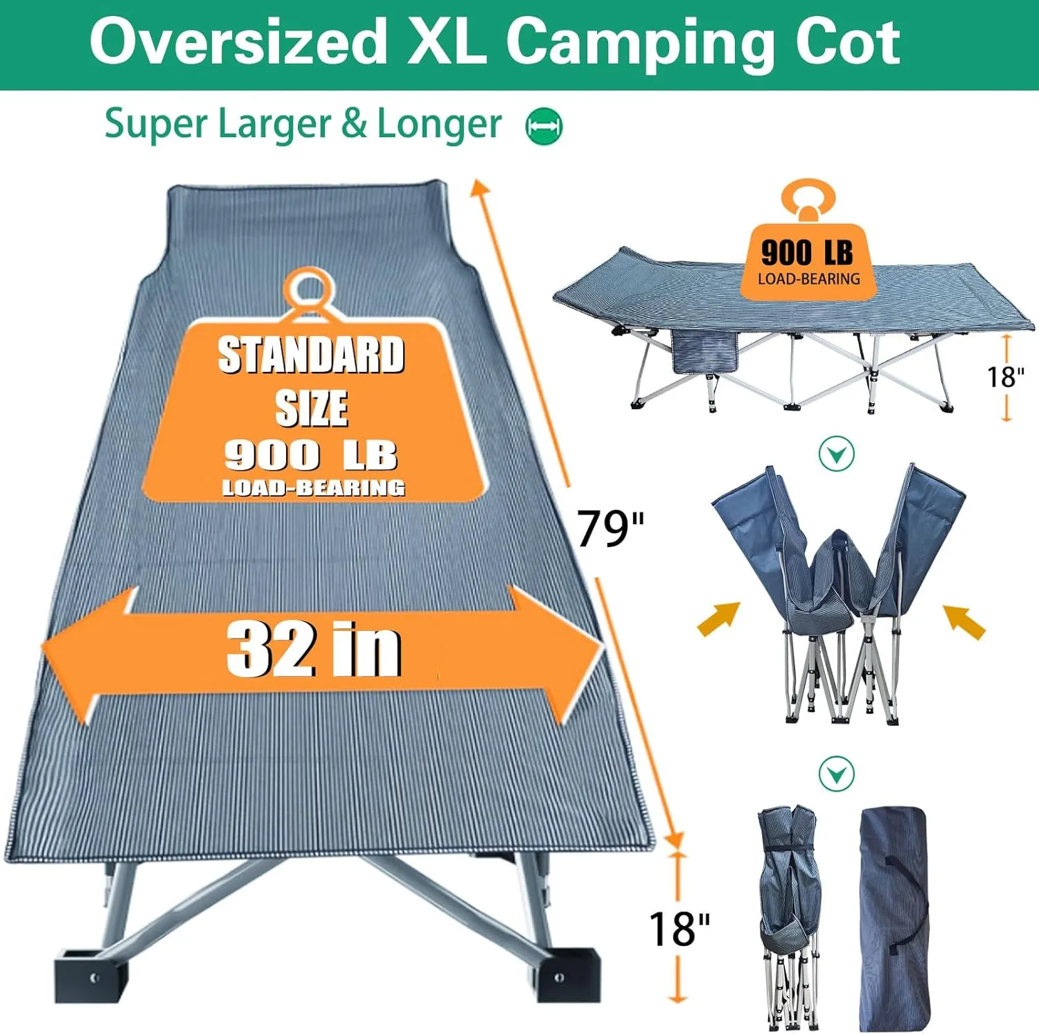 Oversize 32" Wide Camping Cot with Comfortable Mattress for Adults XXL Cots for Sleeping Camping Bed Folding Cot Heavy Duty with Carry Bag for Home Outdoor Travel