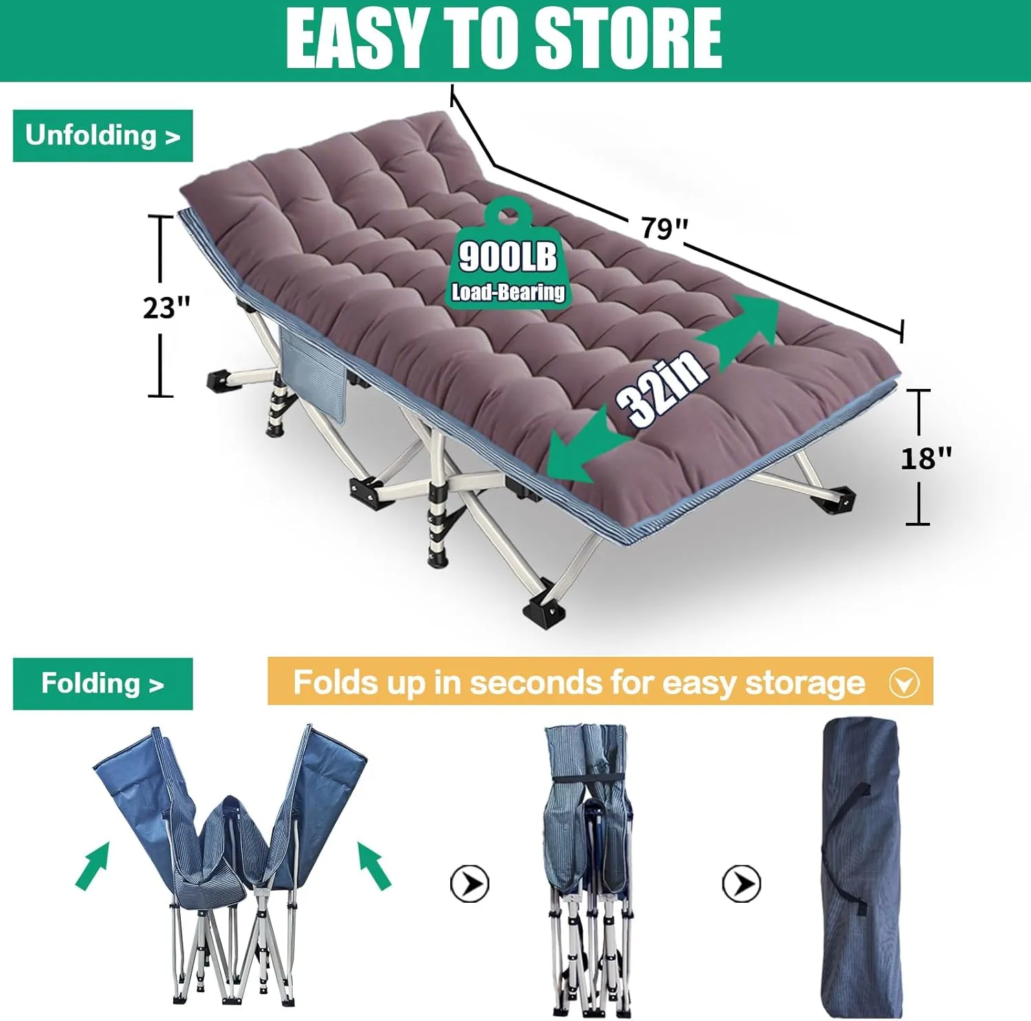 Oversize 32" Wide Camping Cot with Comfortable Mattress for Adults XXL Cots for Sleeping Camping Bed Folding Cot Heavy Duty with Carry Bag for Home Outdoor Travel