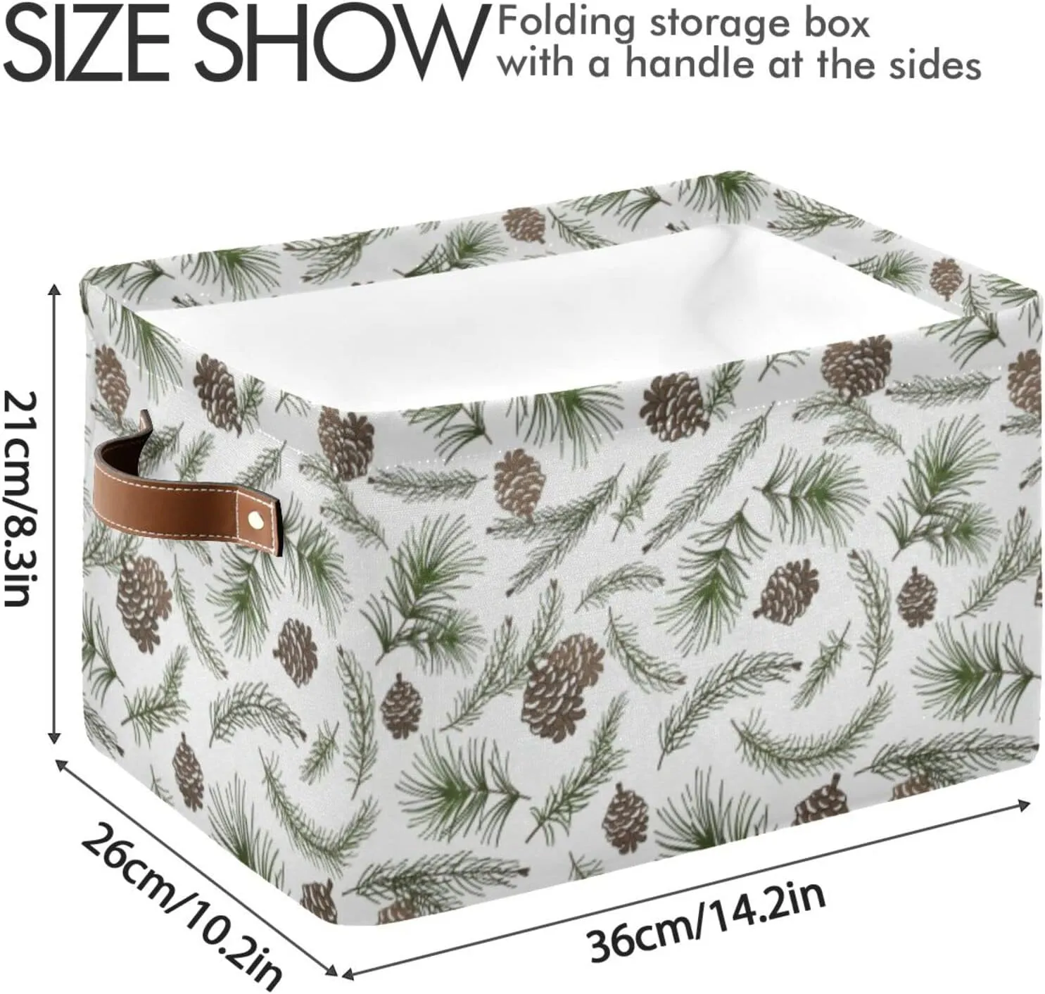 Oyihfvs Christmas Tree Green Branches, Pine Cone Fir, Spruce 2 PC Rectangle Storage Basket Collapsible Fabric with Leather Handles Bag Organizer Clothes for Home Bedroom 15 x 11 x 9.5 in