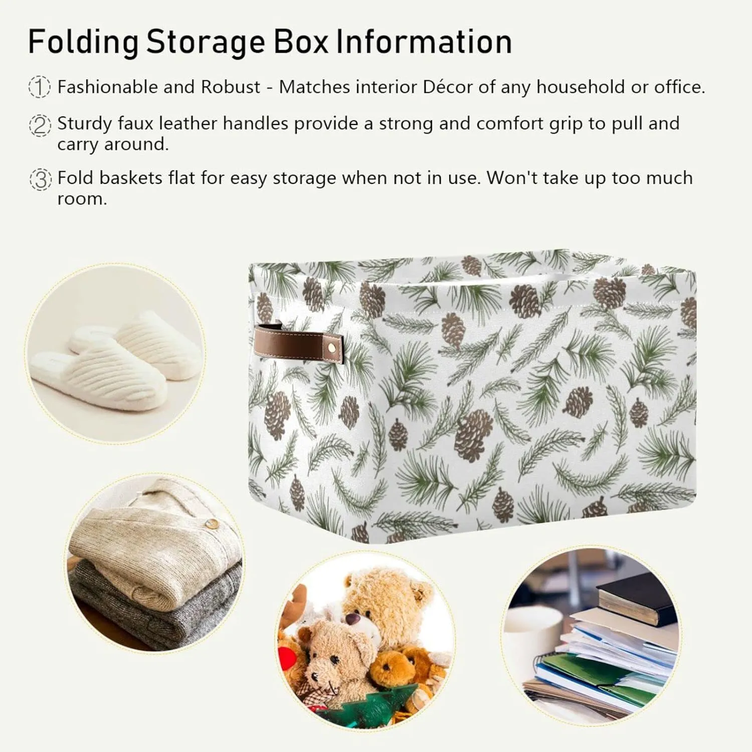 Oyihfvs Christmas Tree Green Branches, Pine Cone Fir, Spruce 2 PC Rectangle Storage Basket Collapsible Fabric with Leather Handles Bag Organizer Clothes for Home Bedroom 15 x 11 x 9.5 in