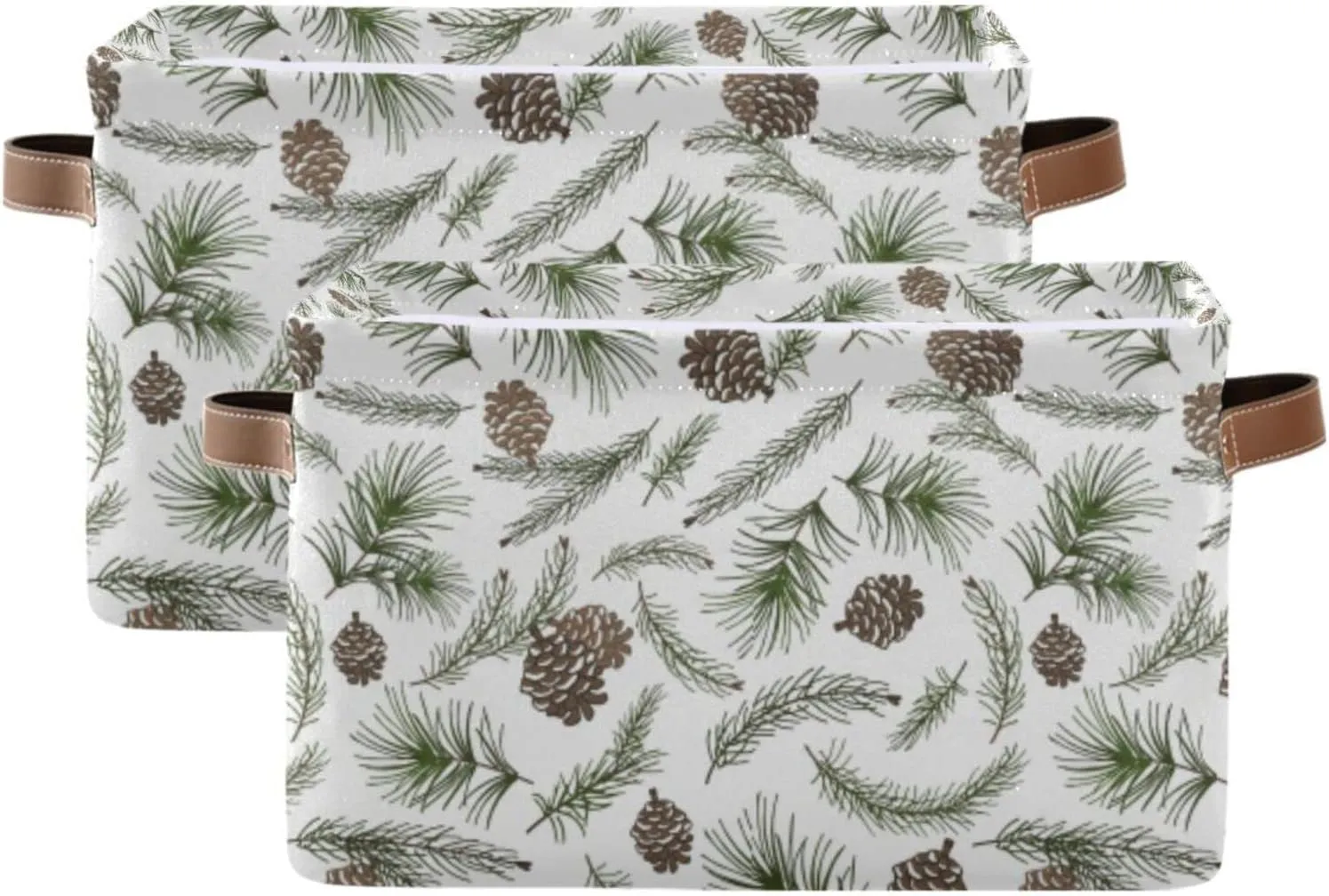Oyihfvs Christmas Tree Green Branches, Pine Cone Fir, Spruce 2 PC Rectangle Storage Basket Collapsible Fabric with Leather Handles Bag Organizer Clothes for Home Bedroom 15 x 11 x 9.5 in