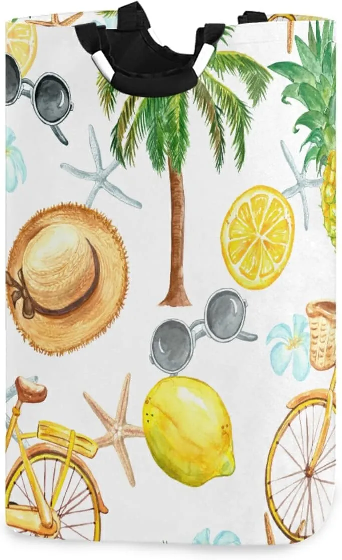 Oyihfvs Summer Bicycle, Sunglasses, Palm Trees, Lemons, Pineapple, Straw Laundry Hamper Basket Bucket, Foldable Dirty Clothes Bag, Waterproof Fabric Washing Bin, Toy Storage with Handles for Bathroom